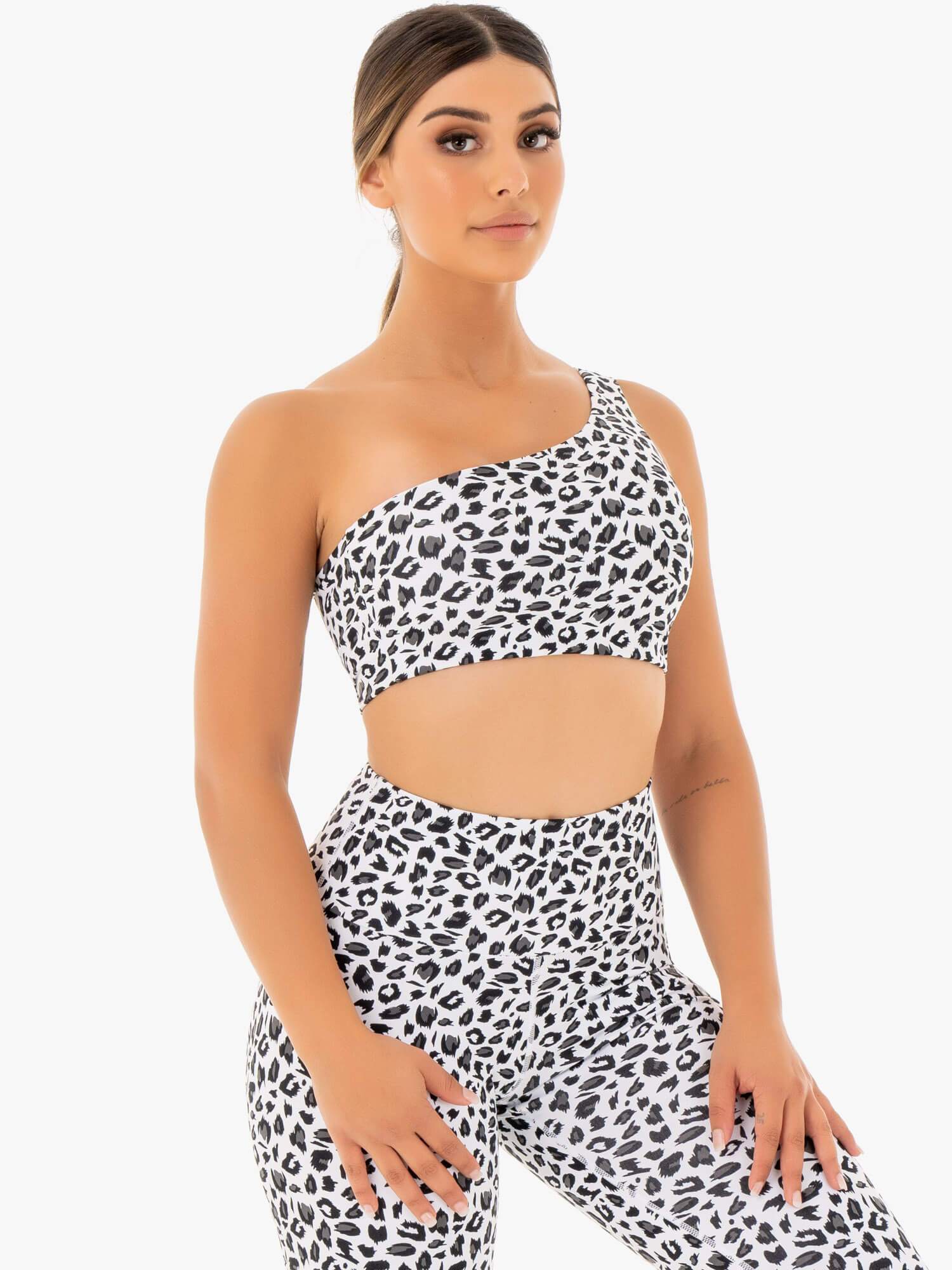 Adapt One Shoulder Sports Bra - Snow Leopard Print - High Support Workout Top for Yoga, Running & Gym - Trendy Athletic Wear for Women