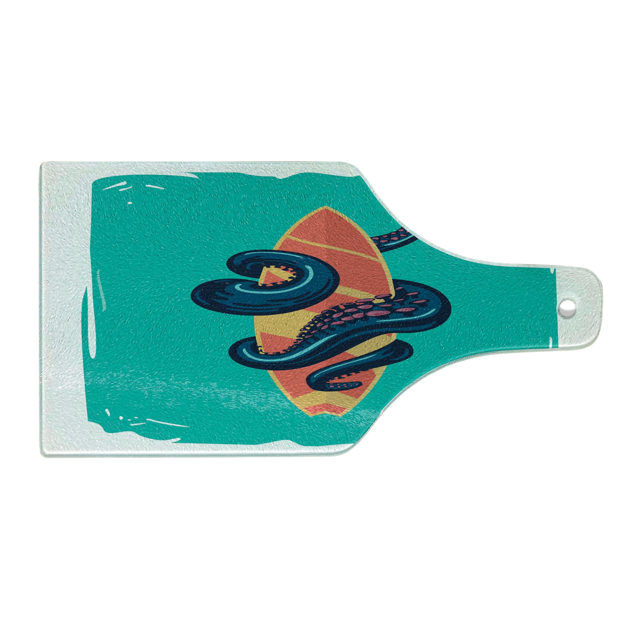 Lunarable Octopus Cutting Board - Tempered Glass Serving Board with Water Sports Retro Design, Wine Bottle Shape in Teal & Orange - Perfect for Kitchen Prep, Charcuterie, and Party Entertaining