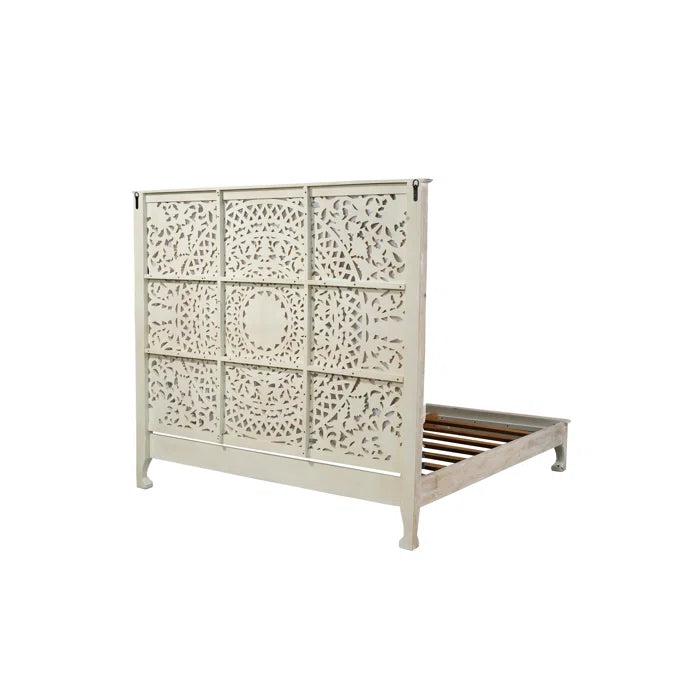 Dynasty Hand Carved Solid Wood Low Profile Standard Bed Frame - White Queen Size | Modern Minimalist Bedroom Furniture for Small Spaces & Loft Apartments