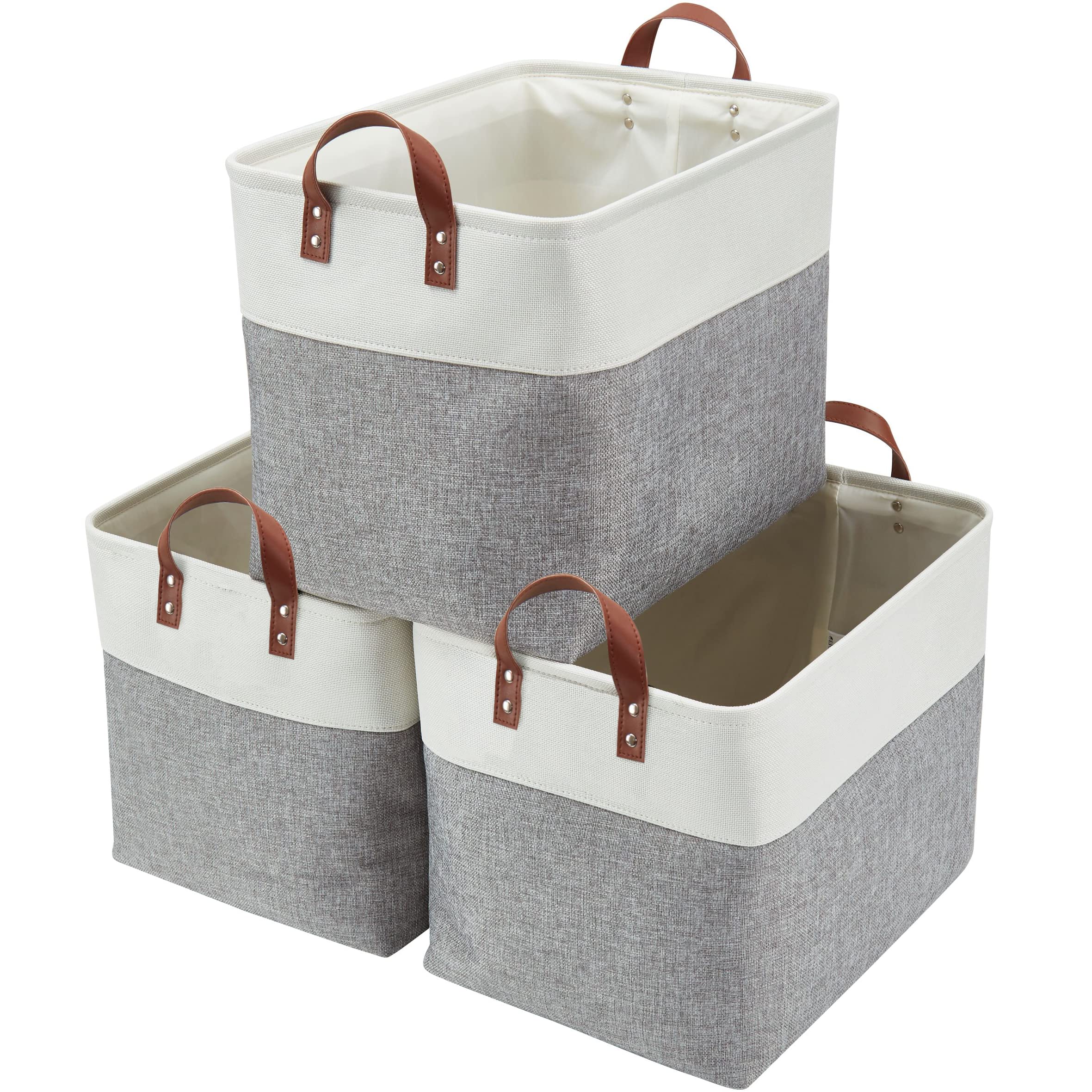DECOMOMO Large Storage Baskets 17x12x13 Inches - 3 Pack Canvas Closet Organizer Bins for Laundry, Nursery, Toys & Linens (Grey & White, XXL) | Perfect for Bedroom, Bathroom & Kids Room Organization