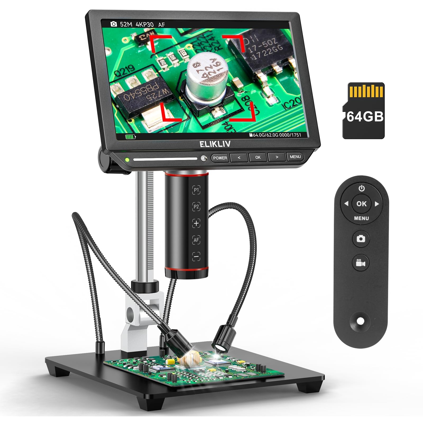 Elikliv 4K Digital Autofocus Microscope EM4K-AF - 8 Inch Coin Microscope with 52MP Camera, HDMI Video Output, 10 Inch Adjustable Stand & 64GB Storage - Perfect for Coin Collecting, Jewelry Inspection & PCB Repair