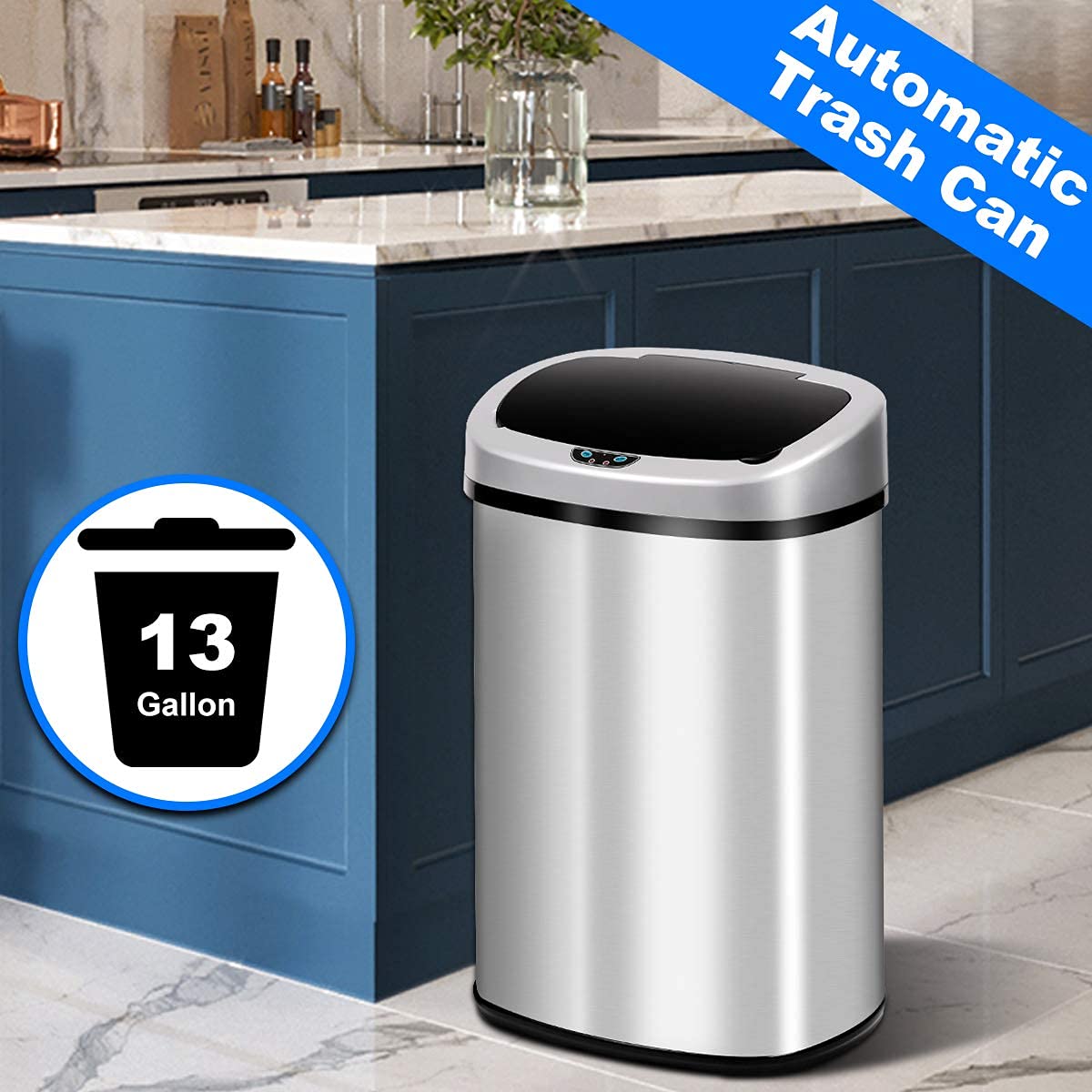 13 Gallon Automatic Stainless Steel Trash Can with Motion Sensor - Touch-Free Kitchen Garbage Bin with Lid for Home, Office, Living Room & Bedroom - Ideal for Hands-Free Waste Disposal & Hygienic Spaces