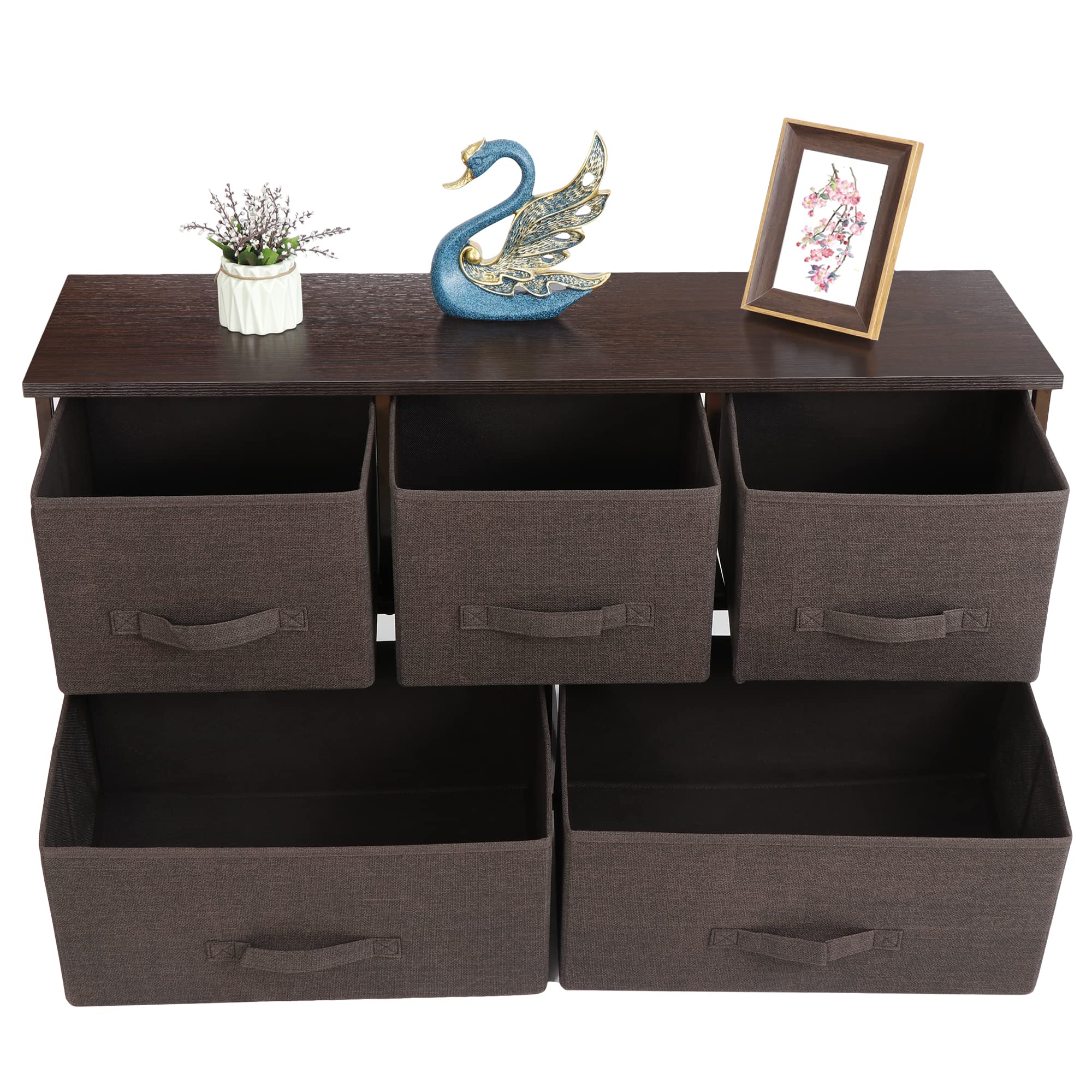 5-Drawer Fabric Dresser Storage Organizer - Sturdy Steel Frame & Wooden Top Closet Organizer for Bedroom, Living Room, Nursery - Deep Basket for Clothes, Toys & Home Organization (Brown)