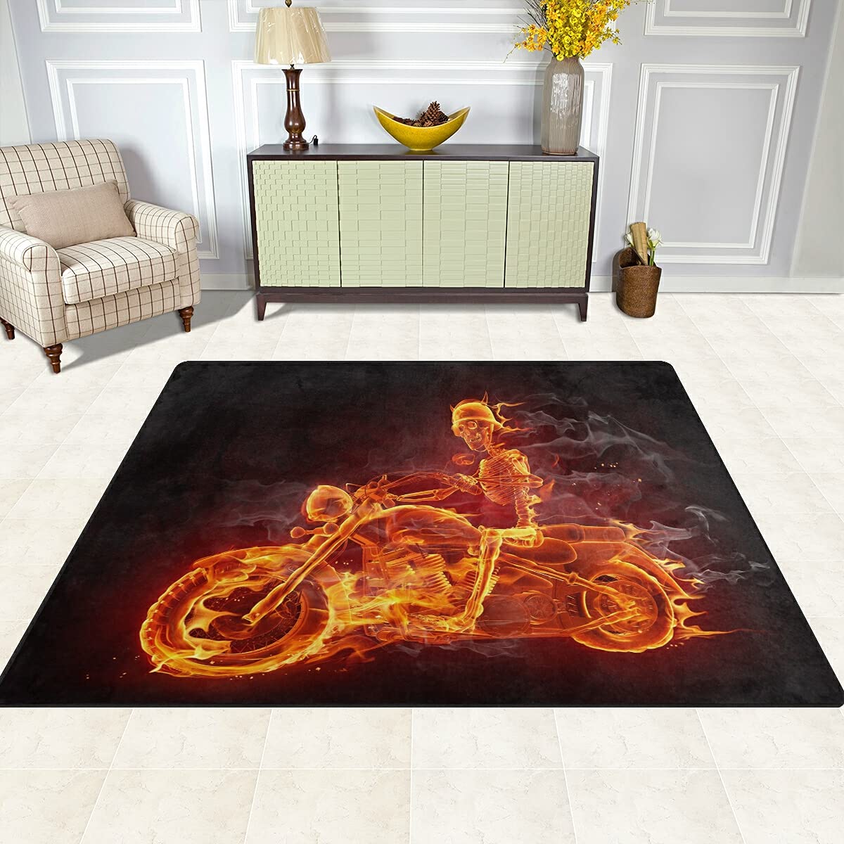 ALAZA Fire Skeleton Motorcycle Themed Area Rug - 7'x5' Non-Slip Floor Mat for Living Room, Bedroom, Man Cave - Perfect for Biker Home Decor & Motorcycle Enthusiast Gifts