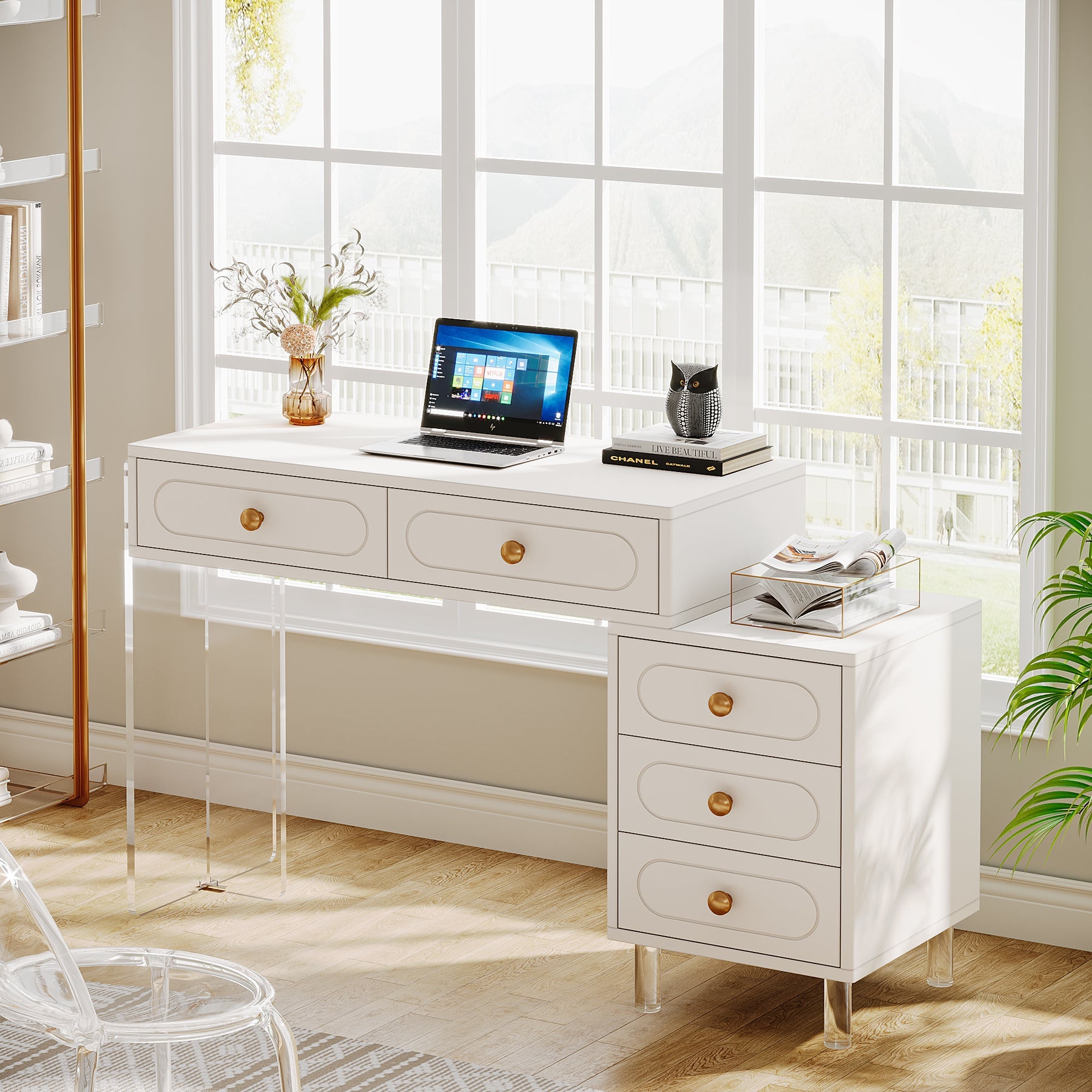 5 Drawer Modern Computer Desk with Transparent Acrylic Base & Sturdy Legs - Home Office Workstation for Small Spaces, Gaming Setup & Study Room Organization