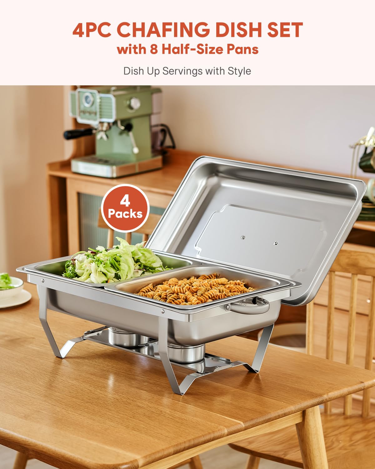 Stainless Steel Chafing Dish Buffet Set - 4 Pack 8 Qt Catering Warmers with 8 Half Size Food Pans, 4 Lids & Foldable Frames - Perfect for Parties, Buffets, Banquets, Weddings & Catering Events - Keep Food Warm for Hours