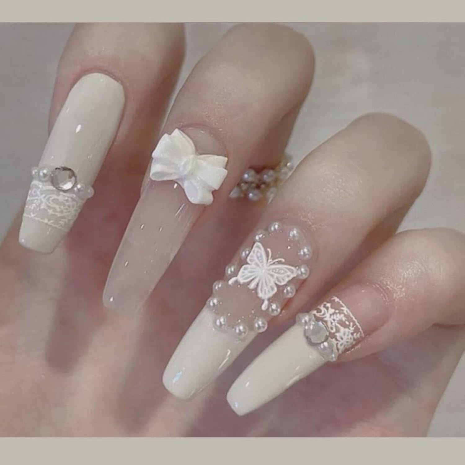 24-Piece Long Press-On Nails - French White Ballerina Style with Flash Diamond Crystals | Full Cover Acrylic Fake Nails with Rhinestones for Women & Girls | Perfect for Parties, Weddings, and Special Occasions