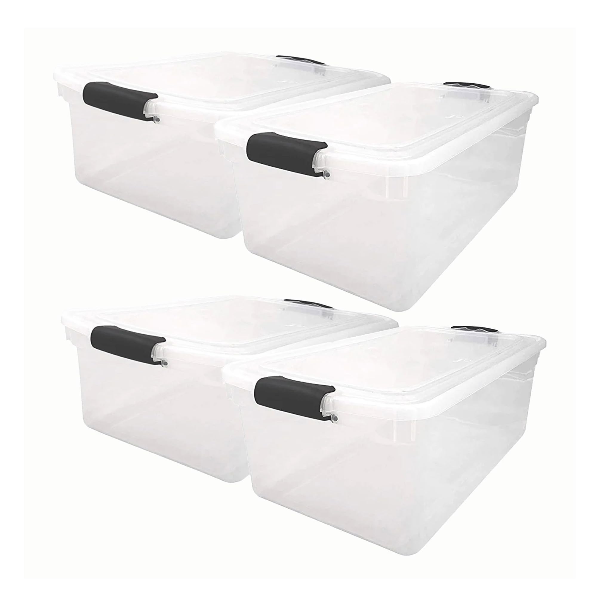 HOMZ 4-Pack 64 Quart Clear Plastic Storage Bins with Secure Gray Latches - Stackable Organizer Containers for Closet, Pantry, Garage & Home Organization