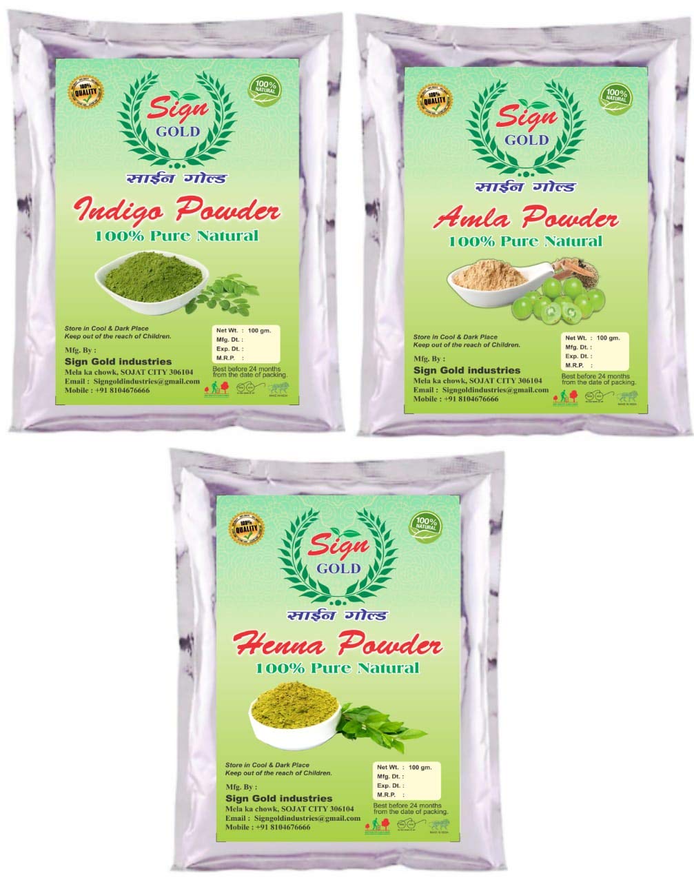 100% Natural Amla Powder, Henna Powder & Indigo Powder Combo Pack - 3 x 100g for Hair Care & Natural Dye | Herbal Treatment for Gray Hair, Hair Growth & Conditioning | DIY Beauty & Ayurvedic Remedies