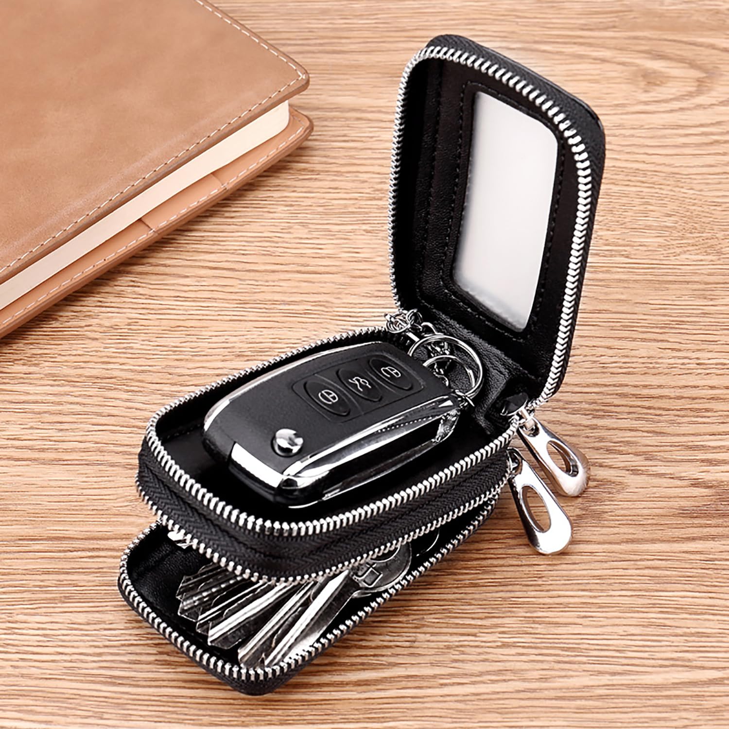 Leather Keychain Wallet with Double Zipper & Clear Window - Premium Key Organizer for Car Keys, Coins & Small Essentials - Perfect for Travel, Work & Everyday Carry