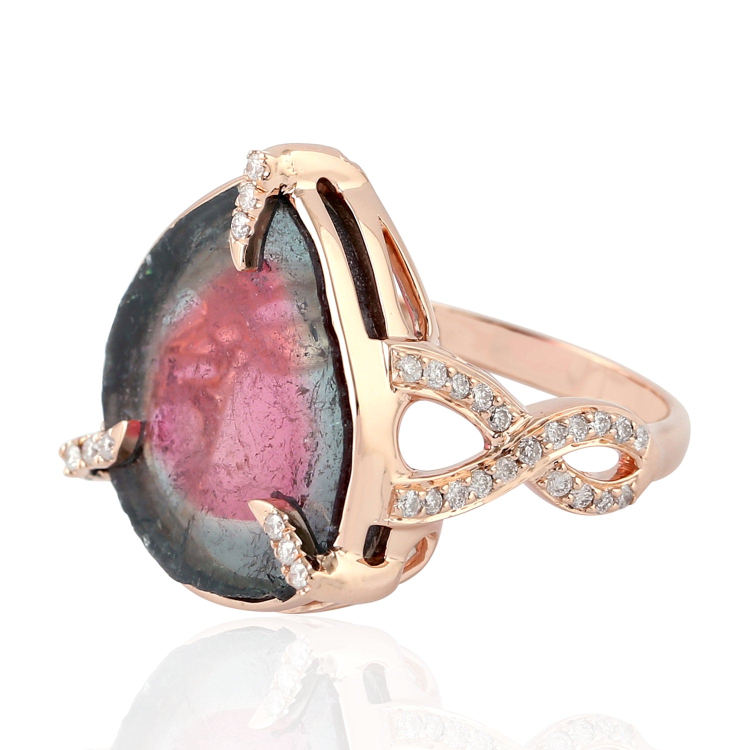 18K Rose Gold Pave Diamond Unshaped Melon Tourmaline Designer Ring for Women - Elegant Handmade Jewelry Gift for Anniversary, Engagement & Special Occasions