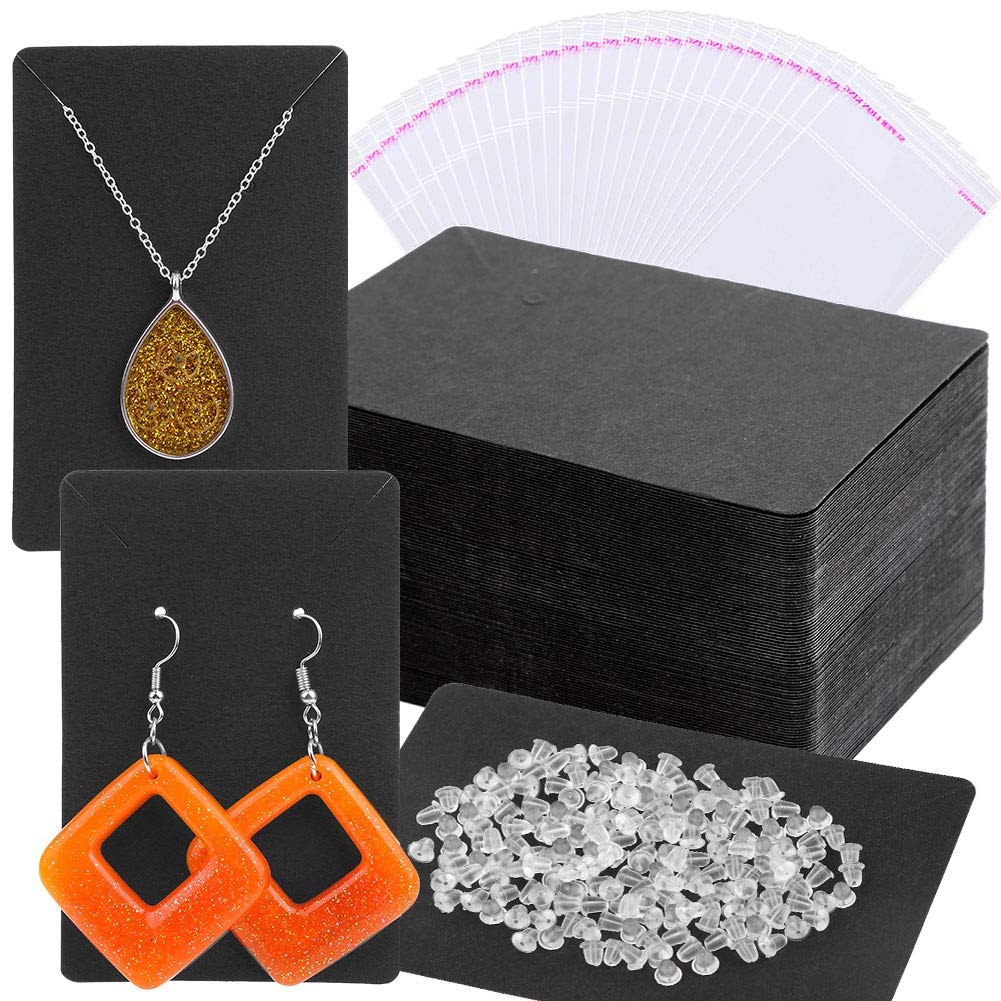 Anezus Premium Earring Display Cards - Jewelry Packaging Holder with Earring Bags & Backs - Elegant Black Earring Cards for Necklace & Jewelry Retail Display - Perfect for Boutiques, Craft Shows & Online Store Photography