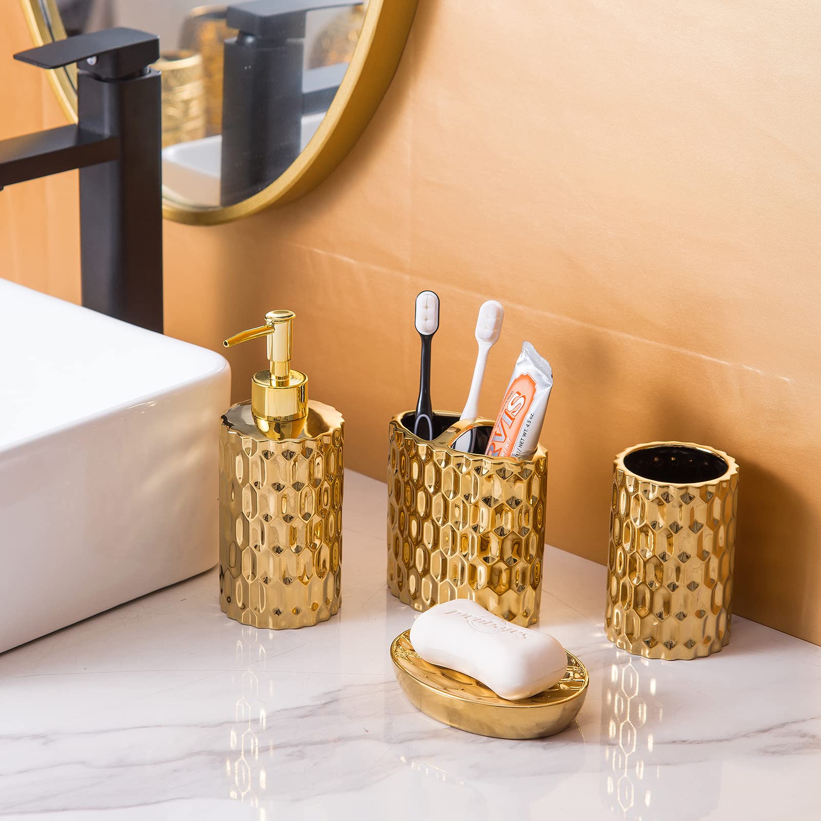 Luxury 5-Piece Gold Bathroom Accessories Set - Ceramic Toothbrush Holder, Soap Dispenser, Soap Dish, Tumbler & Trash Can | Elegant Bathroom Decor for Modern Homes & Hotels | Perfect for Spa-Like Experience & Upscale Interior Design