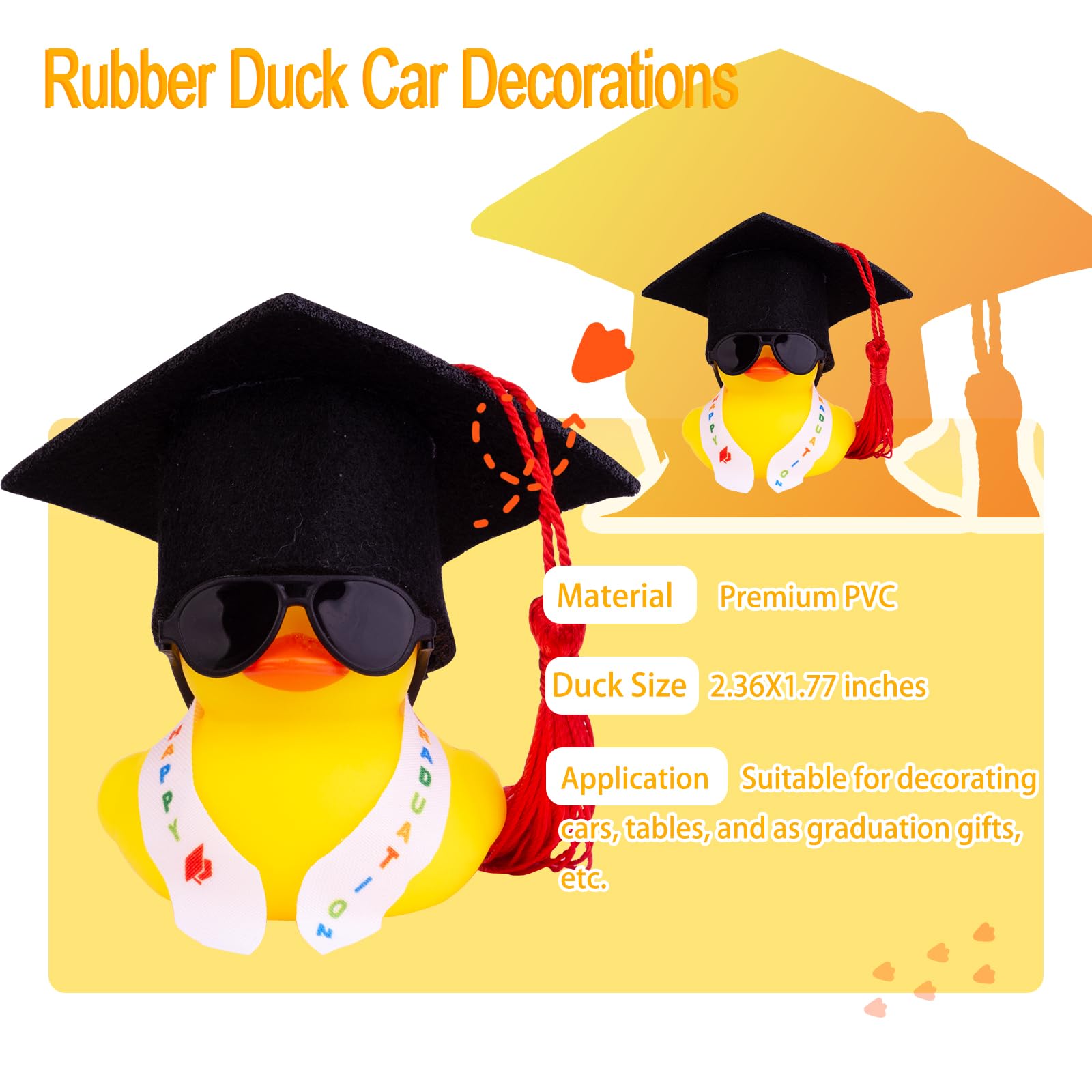 Graduation Rubber Duck Car Decorations 2 Pack - Mini Graduation Hats, Sashes & Glasses - Fun Dashboard Ornaments for Graduation Party, Gift, Celebration & Car Accessories - Perfect for Graduates, Students & Teachers
