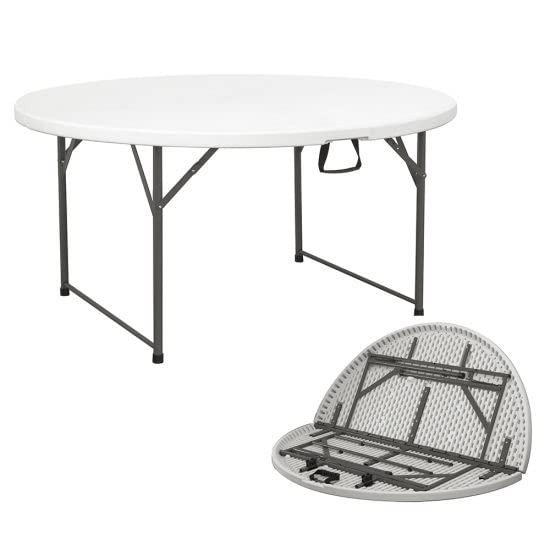 5' Round Plastic Folding Table 60 Inch - Half-Fold Design with Carry Handle | Lightweight Portable Resin Table with Steel Frame | Perfect for Parties, Picnics, Camping & Outdoor Events