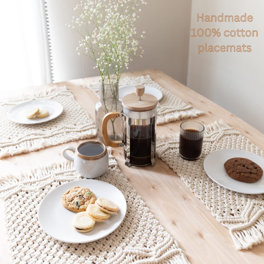 SnugLife Macrame Placemats Set of 6 - Handmade Cotton Woven Boho Placemats - Modern Farmhouse Fringe Table Mats for Dining, Kitchen, Wedding Décor - 12”x20” Natural Off White - Perfect for Bohemian, Rustic & Coastal Home Decor