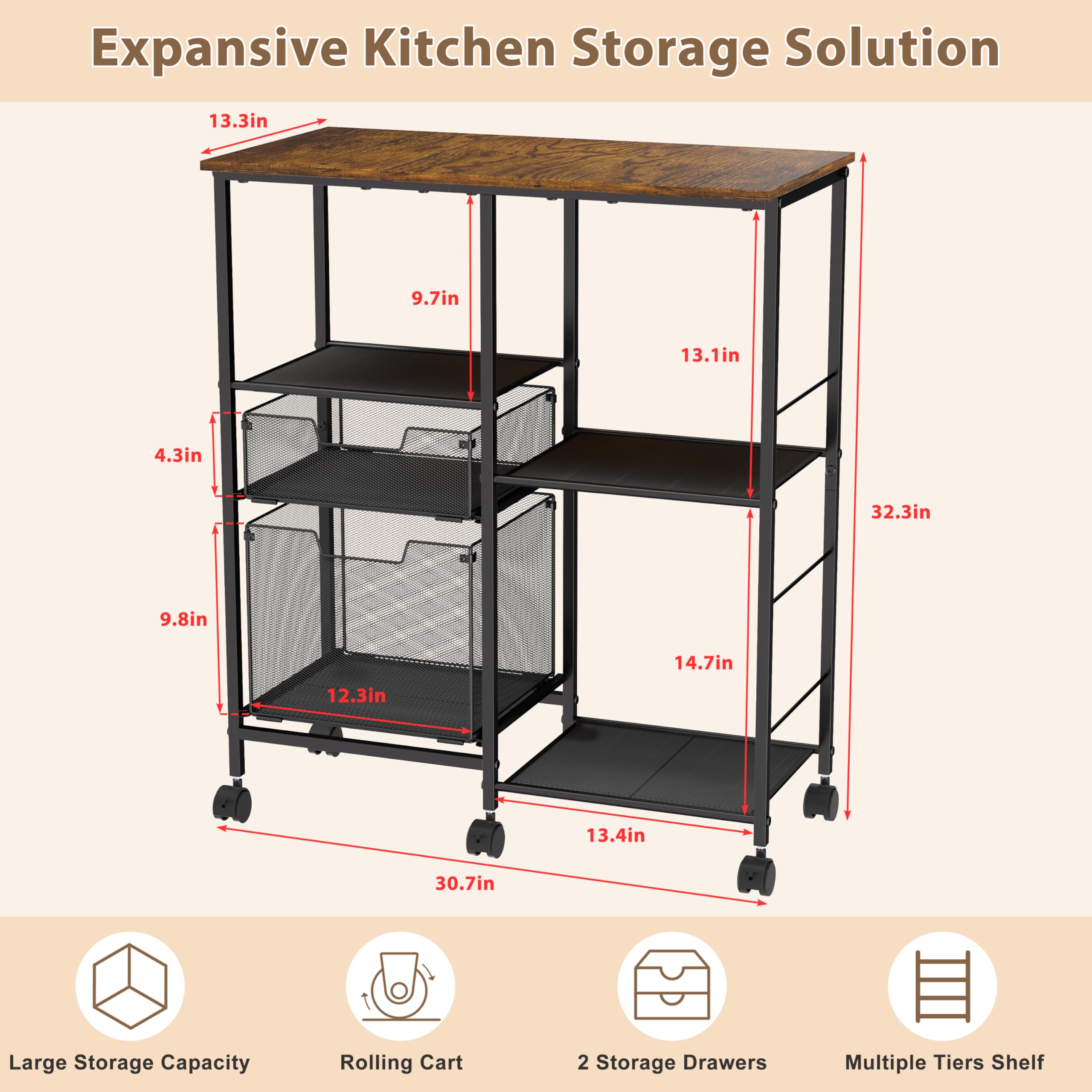 Rolling Microwave Cart with Storage & Drawers - Mobile Kitchen Island Cart with Wheels, Bakers Rack & Coffee Bar Station - Perfect for Small Kitchens, Apartments & Pantry Organization