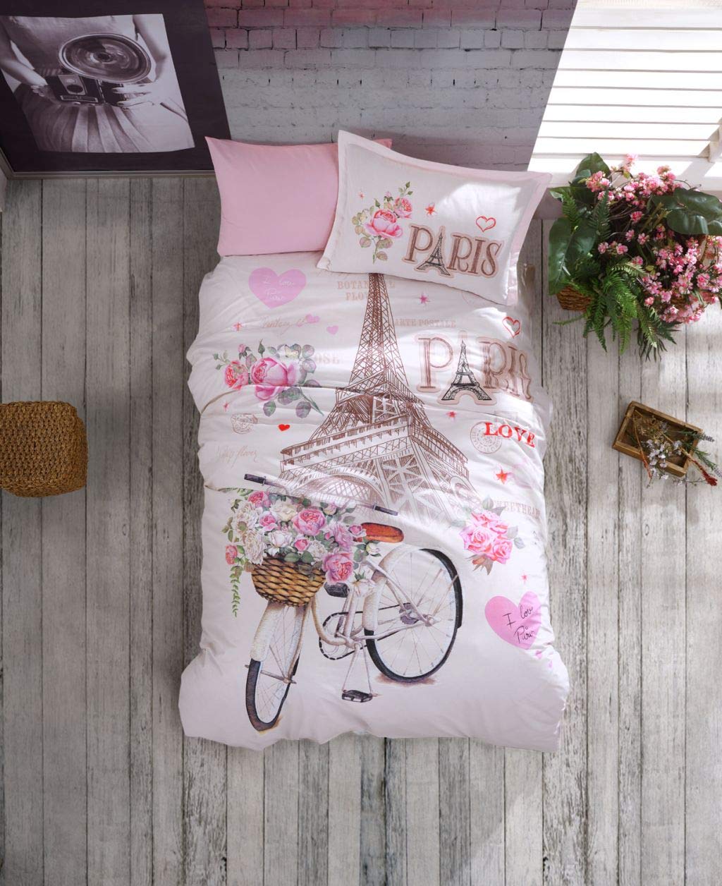 Paris Themed Bedding Set - 100% Cotton Eiffel Tower & Bicycle Print Twin Size Comforter Set (4 Pcs) for Kids & Teens | Perfect for Parisian Style Bedroom Decor & Gift Ideas