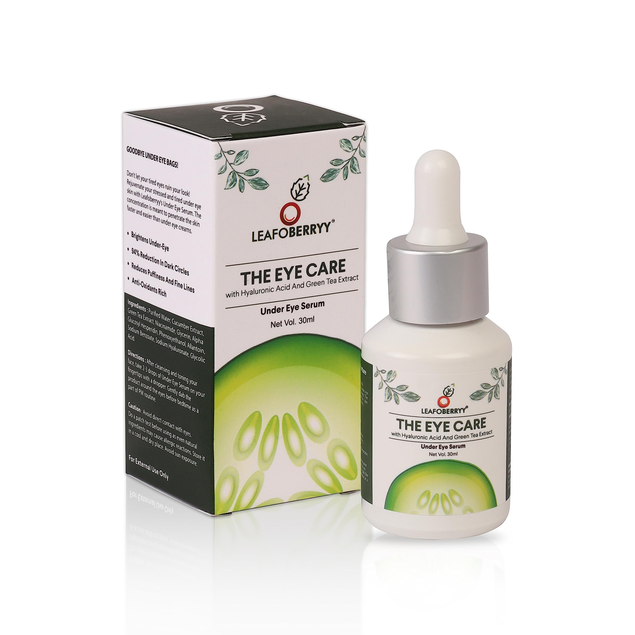 Leafoberryy Under Eye Serum with Niacinamide & Green Tea Extract - Dark Circle & Puffiness Treatment | Hydrating Formula with Hyaluronic Acid & Allantoin | Brightens Under-Eye Area | 30ml | Perfect for Morning/Night Skincare Routine & Travel