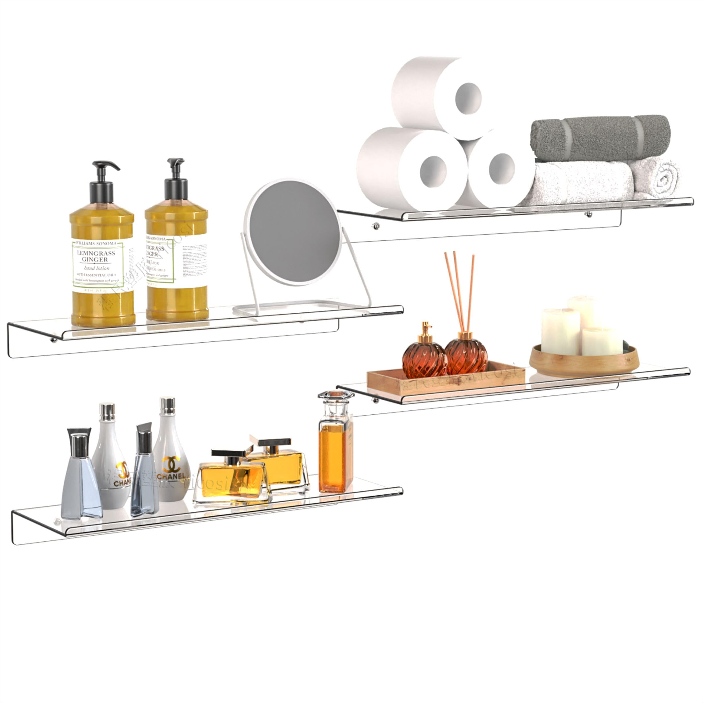 4 Pack Clear Acrylic Floating Shelves - Modern Wall Display Ledges for Lego Collections, Funko Pop Figures, Books, Plants & Photos - Perfect for Bedroom, Living Room & Office Decor - Space-Saving Wall Storage Solution