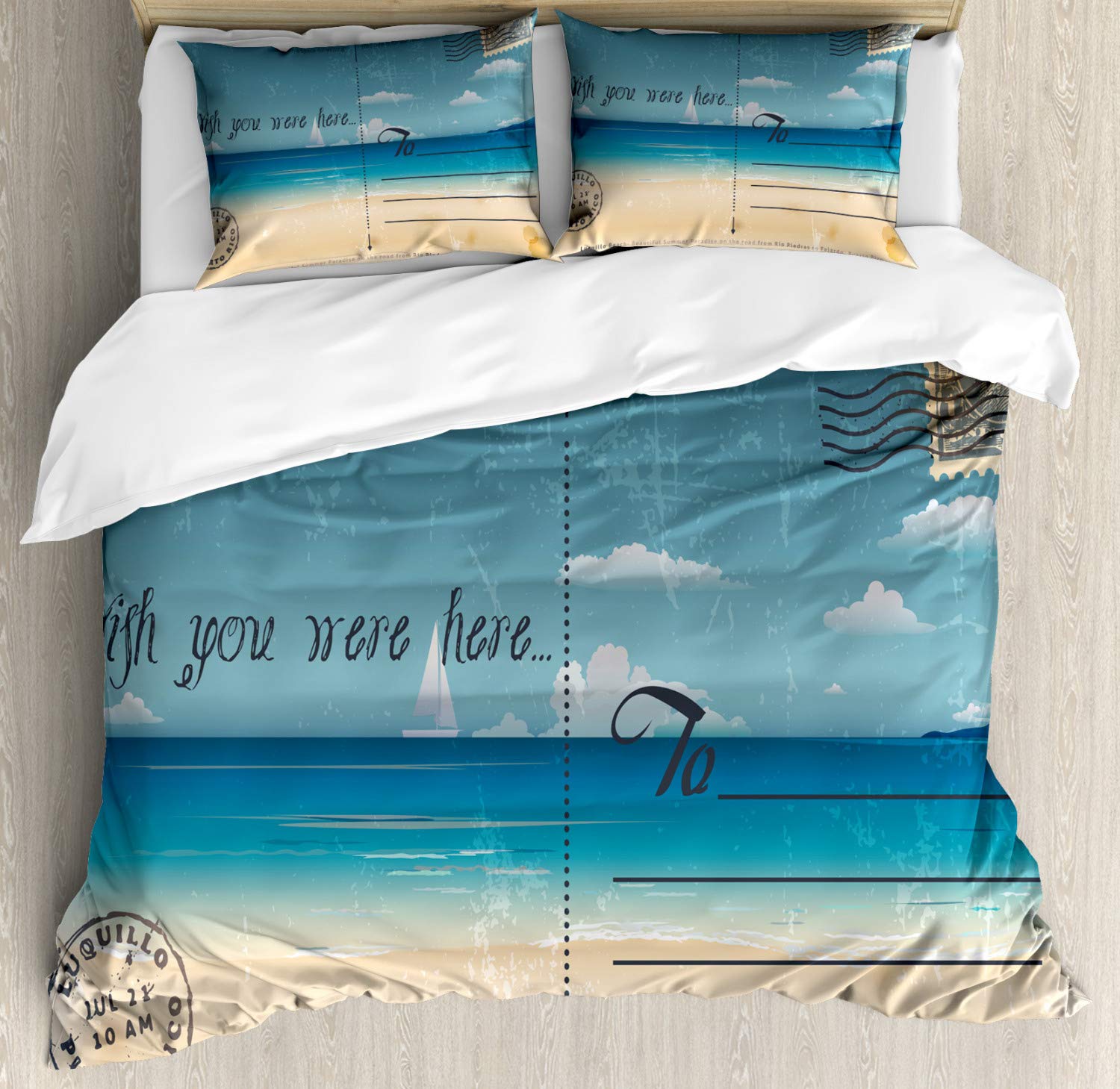 **Ambesonne Vintage Travel Duvet Cover Set - 2 Pack Queen Size, Tropical Summer Card Stamp Print, Sand Brown & Teal - Includes 2 Duvet Covers & 4 Pillowcases - Perfect for Beach House, Guest Room & Travel-Themed Bedrooms**