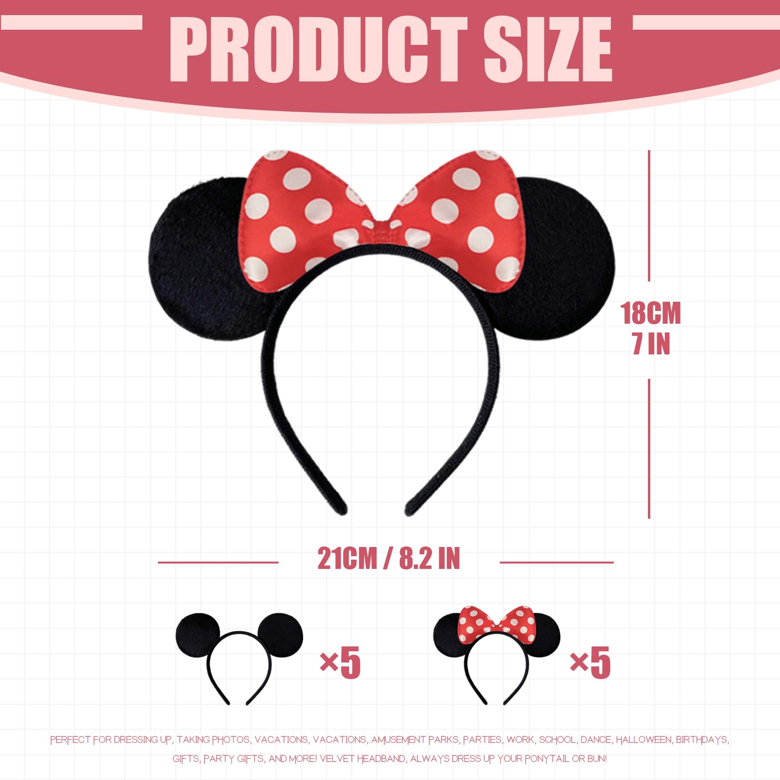 10 Pack Mouse Ears Headbands - Perfect for Mickey Mouse Theme Birthday Party Decorations, Party Favors & Supplies | Great for Disney Costumes, Character Dress Up, Themed Events and Photo Props