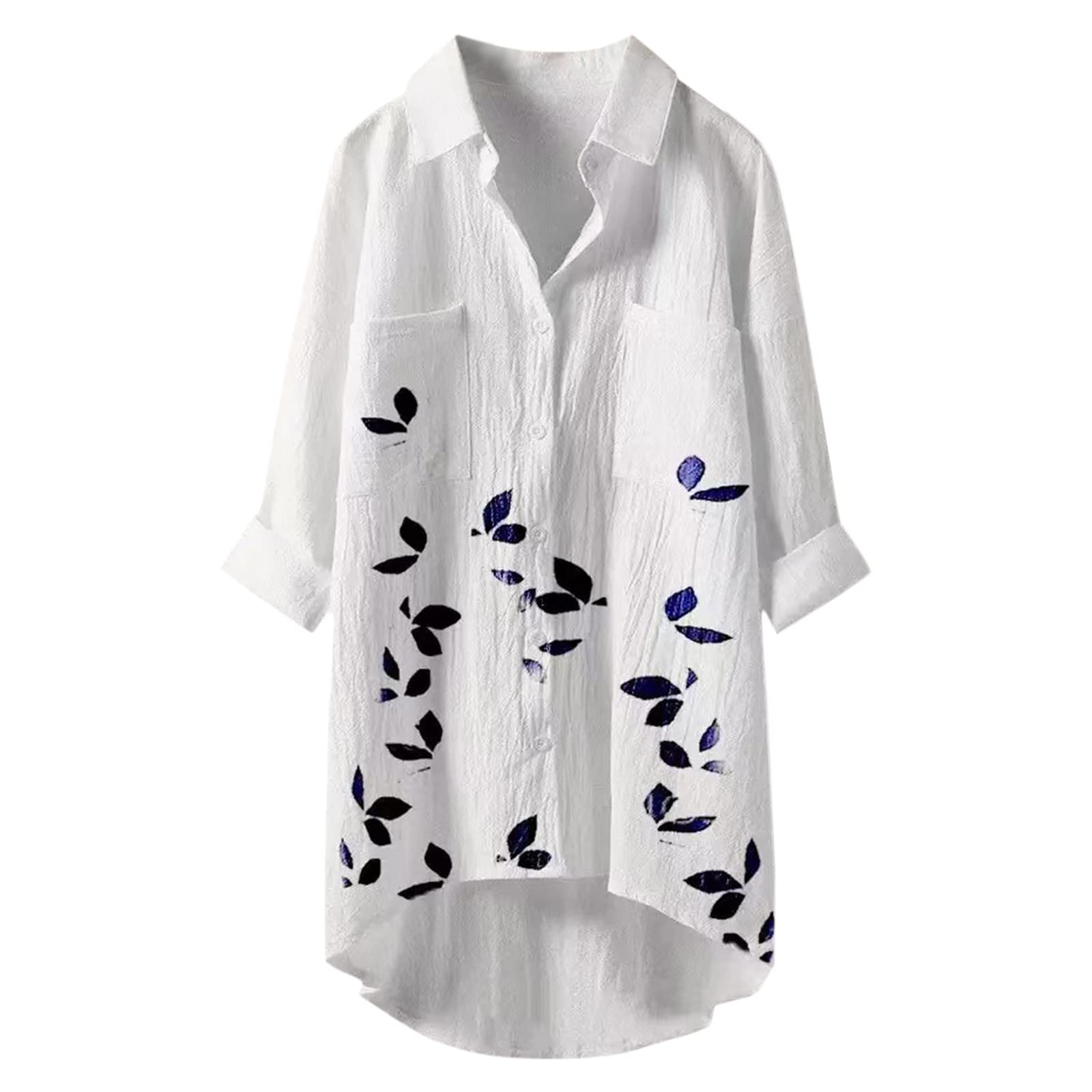 Women's Lapel Three-Quarter Sleeve Blouse with Pockets - Casual Summer Tops for Work, Office & Outdoor Activities