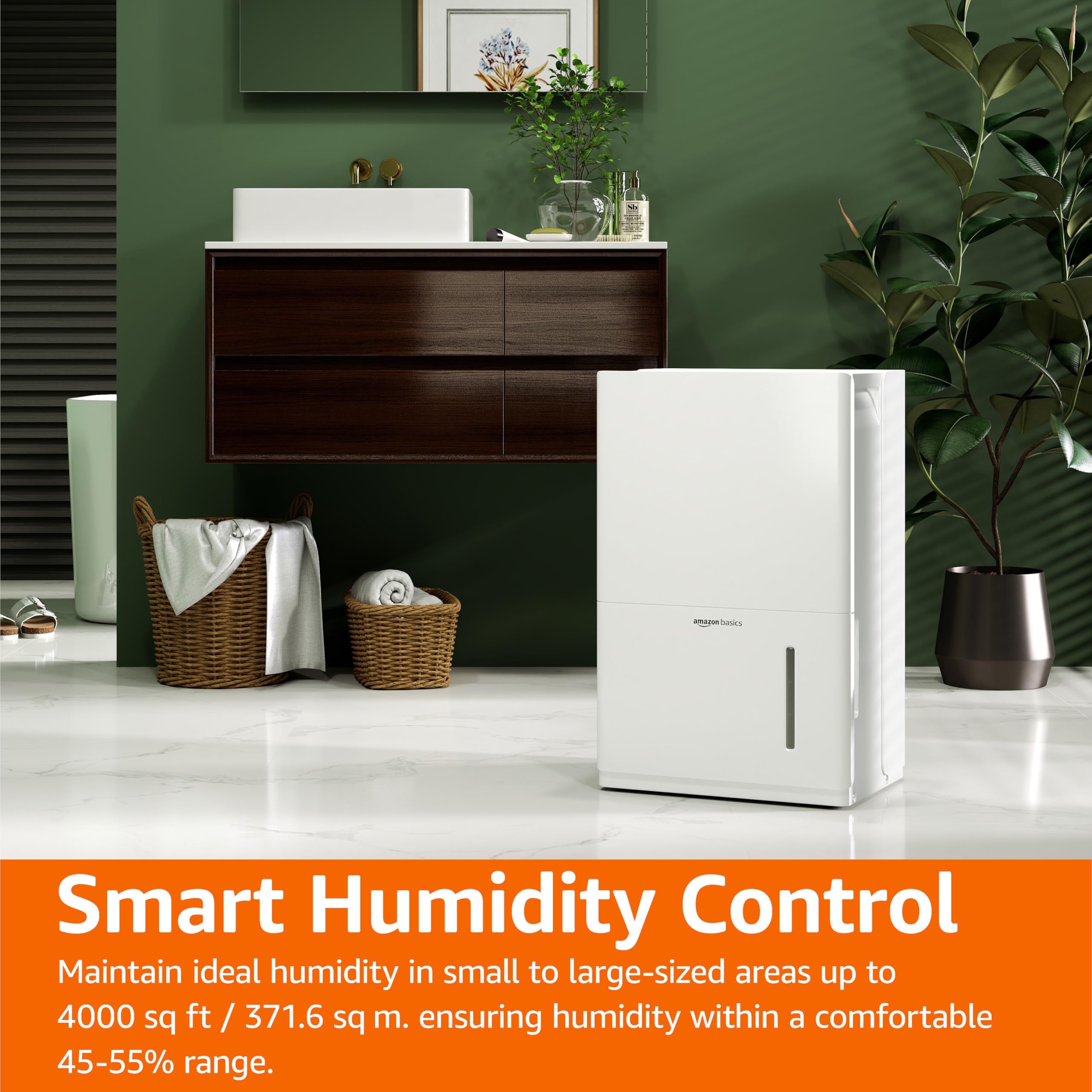 Amazon Basics 50-Pint Energy Star Certified Dehumidifier with Drain Pump - Ideal for Basements, Bathrooms & Large Rooms Up to 4000 Sq Ft - Features Timer, Auto-Defrost & Overflow Protection - White (Perfect for Home, Office, Storage Areas & Damp Spaces)