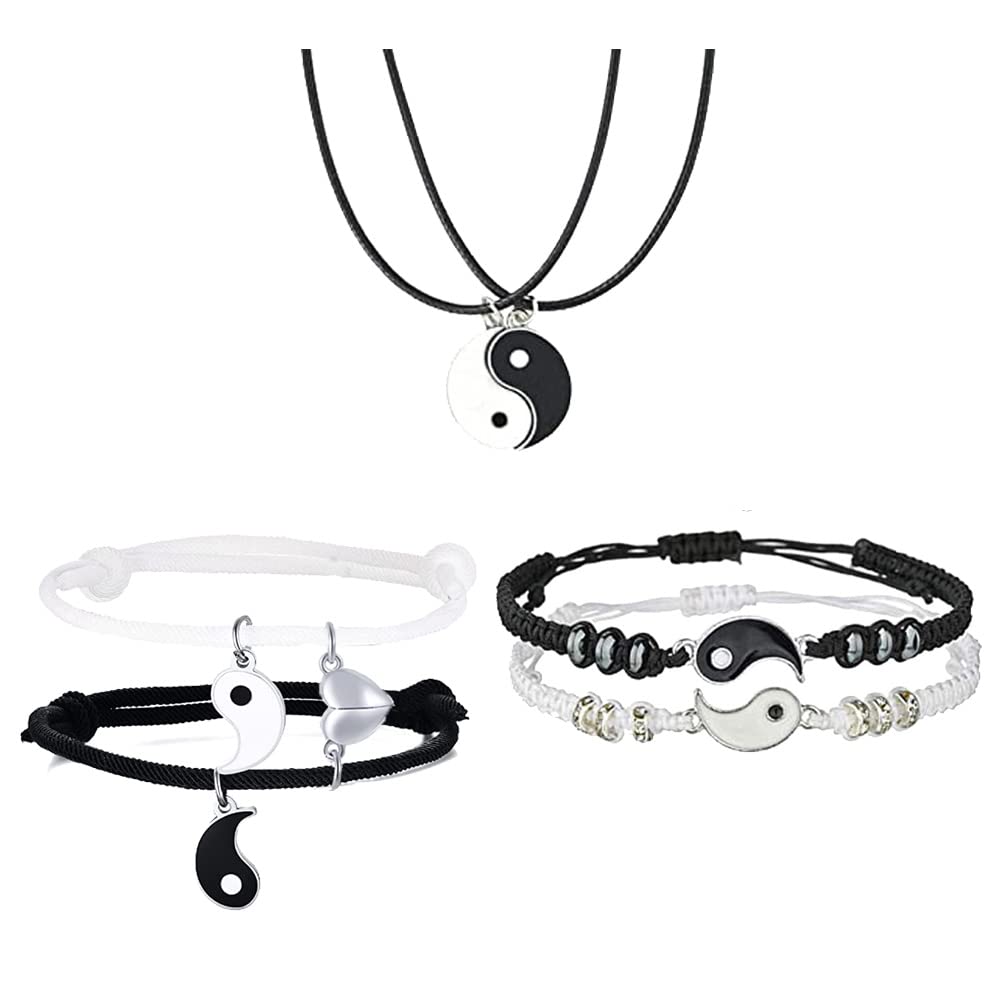 Yin Yang Bracelet and Necklace Set - 6 Piece Adjustable Handmade Couple Bracelets for Relationships, Friendship Gifts | Perfect for Valentine's Day, Anniversaries & Couple Matching Jewelry