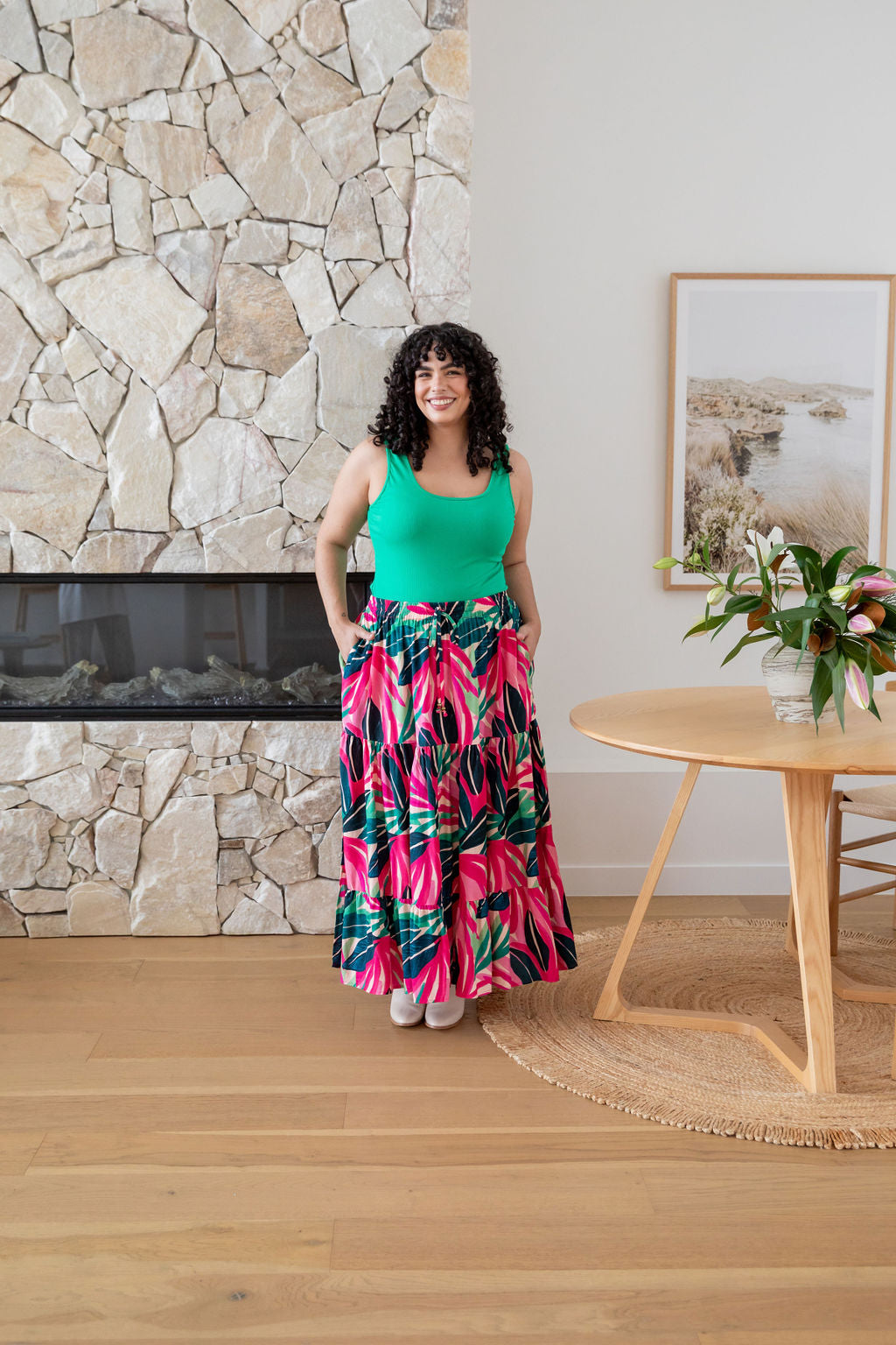 Carrie Skirt in Jungle Pink - Women's Floral A-Line Midi Skirt with Pockets | Perfect for Spring Outfits, Office Wear & Casual Dates