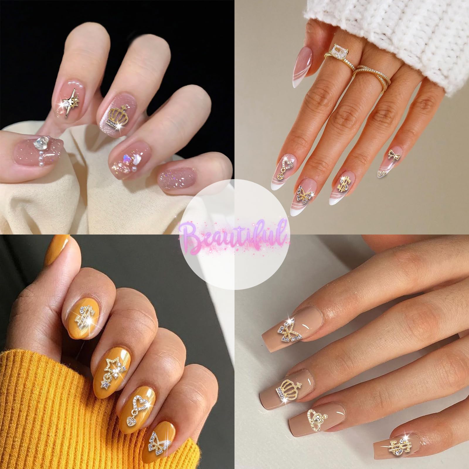 Anower 78Pcs Gold Nail Charms Kit - 12 Styles Alloy Nail Art Decorations with Butterfly, Crown, Hollow Planets & Star Charms - 3D Metal Nail Jewelry for Professional Nail Designs | Perfect for DIY Manicures, Salon Nail Art & Party Nail Decorations