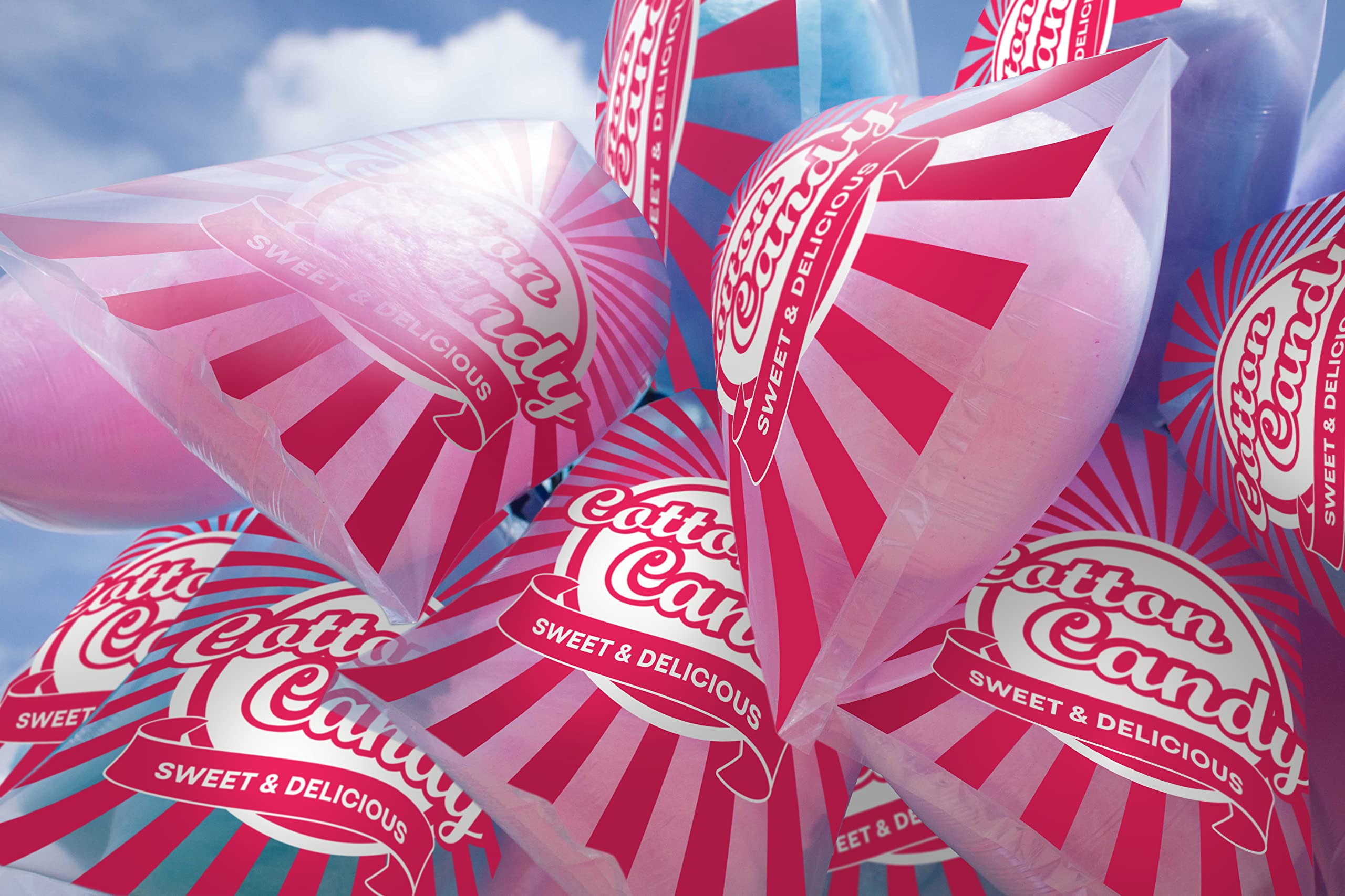100 Count Clear Cotton Candy Bags with Ties - 11.5x18.5 Inches Red Printed Candy Bags for Carnivals, Birthday Parties & Events - Perfect for Concession Stands, School Fairs & Halloween Treats