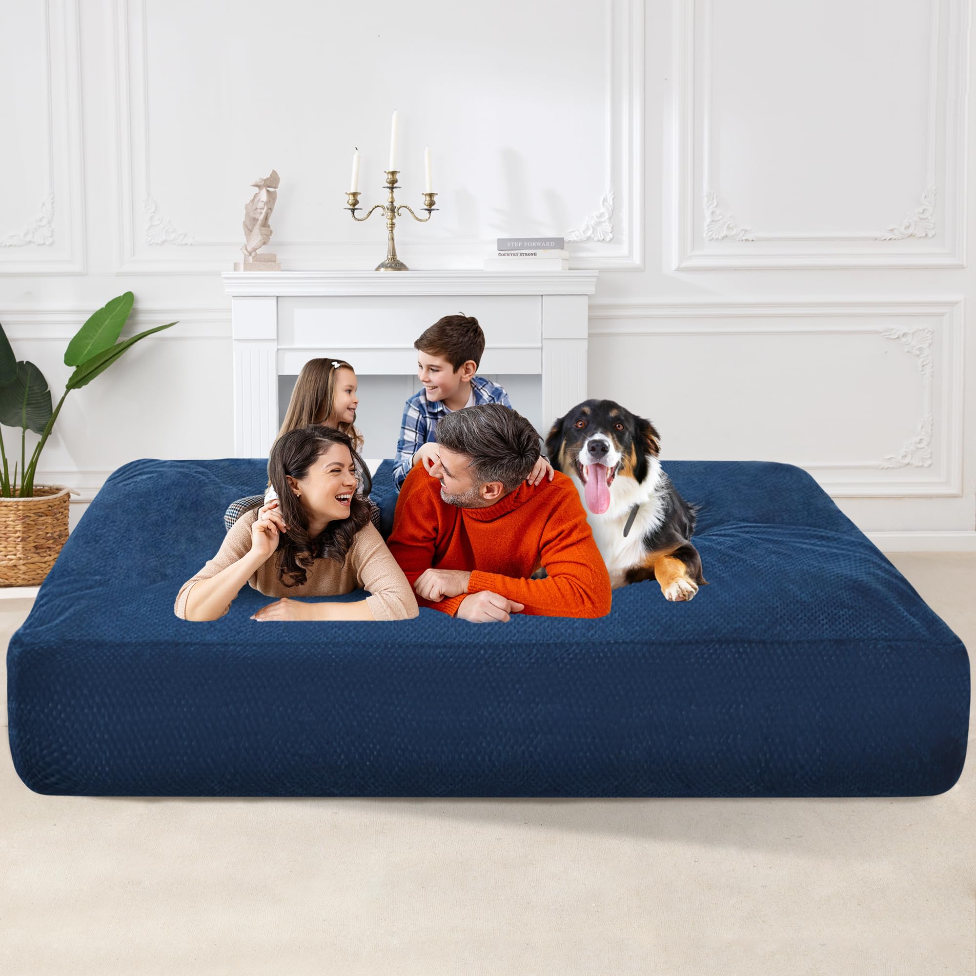 Homguava Chenille Bean Bag Chair - Convertible from Bean Bag to Mattress, Soft & Comfortable for Home, Living Room, Bedroom (Blue, Queen Size) | Perfect for Relaxing, Gaming, Reading & Small Space Living