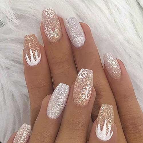 DOCVOEOMH Short & Medium Coffin Press on Nails - 24PCS Silver Glitter Fake Nails with Full Cover Gel, Reusable Acrylic False Nail Kit for Women (Great for Parties, Weddings & Everyday Wear)