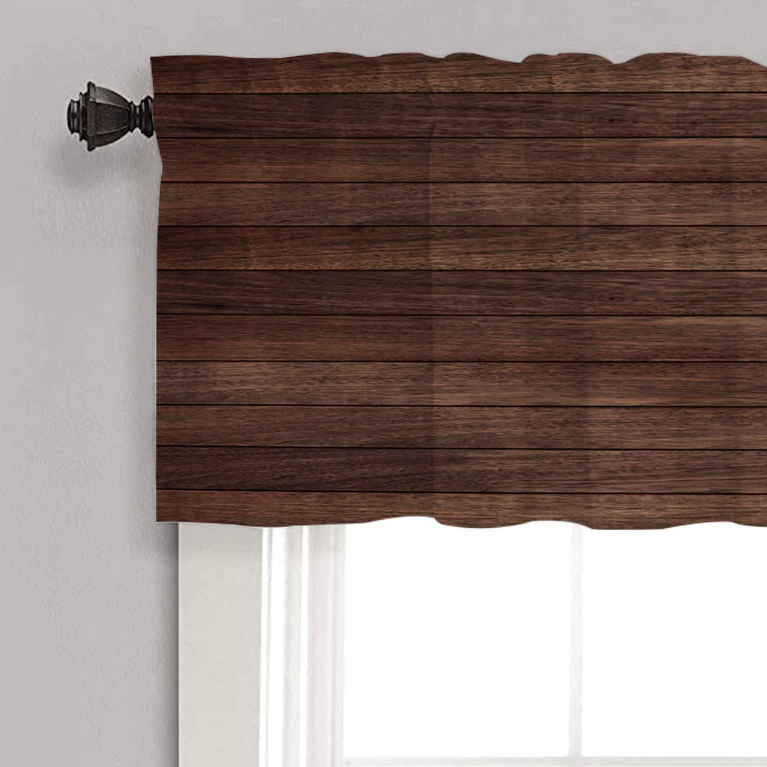 Shrahala Dark Brown Wood Kitchen Valance - 52x18 Inch Wood Plank Design, Ink Printed Half Window Curtain for Modern Kitchen Decor, Perfect for Farmhouse, Rustic, and Contemporary Kitchen Styles