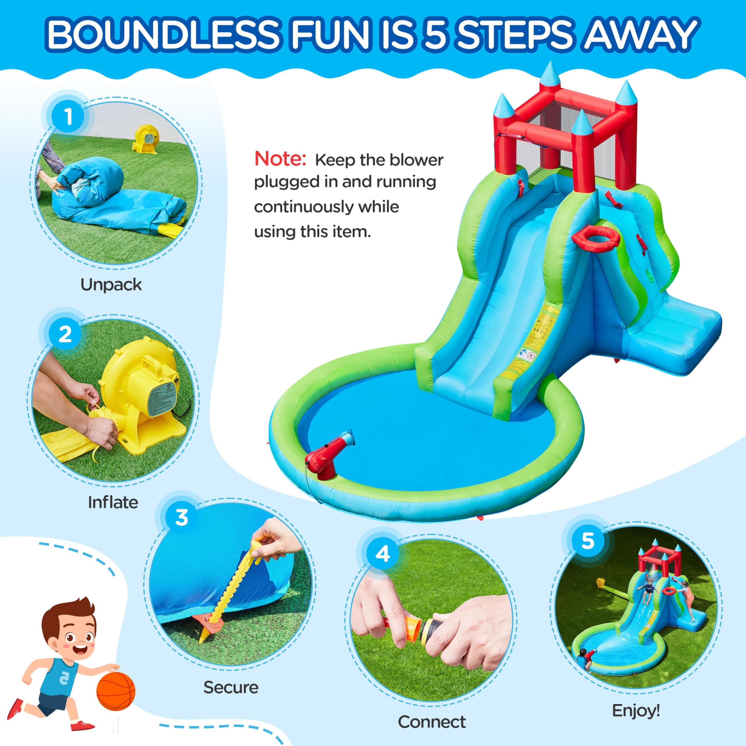 Yaheetech 5-in-1 Inflatable Water Slide for Kids Ages 3-8 | Outdoor Blow Up Bounce House with Water Cannon, Basketball Hoop, Climbing Wall & Storage Bag | Includes 350W Blower | Perfect for Backyard Parties, Summer Fun & Family Gatherings