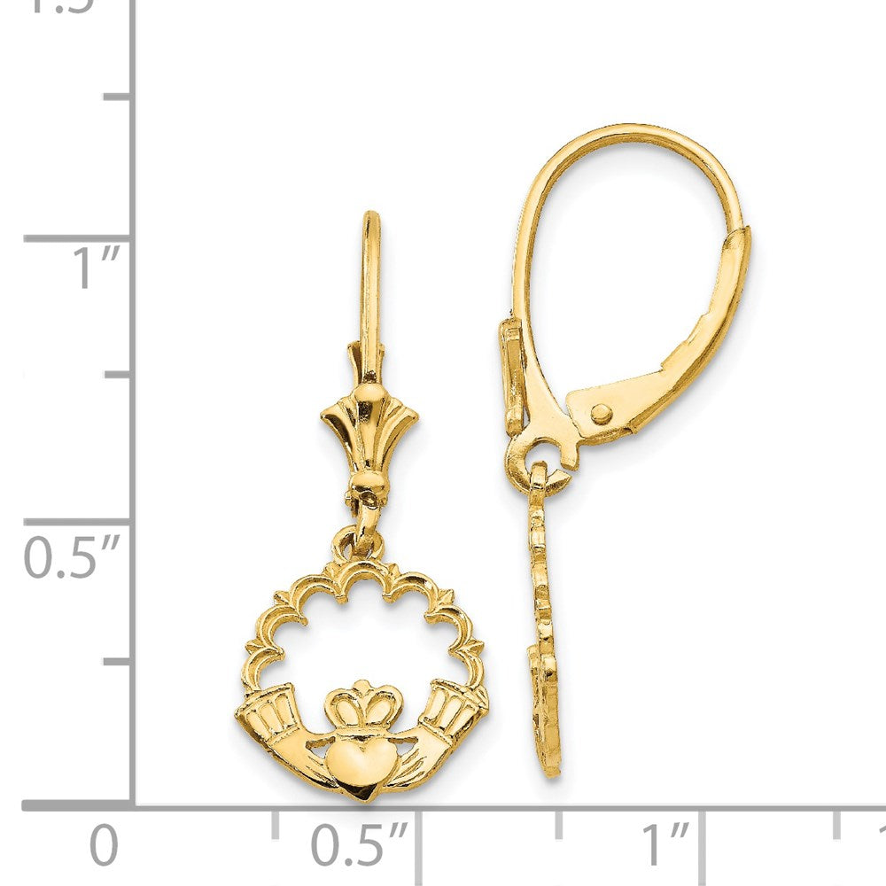 Gold Claddagh Circle Leverback Earrings Model K4525 - Irish Symbol Jewelry for Women, Perfect for Weddings, Anniversaries & St. Patrick's Day Gifts