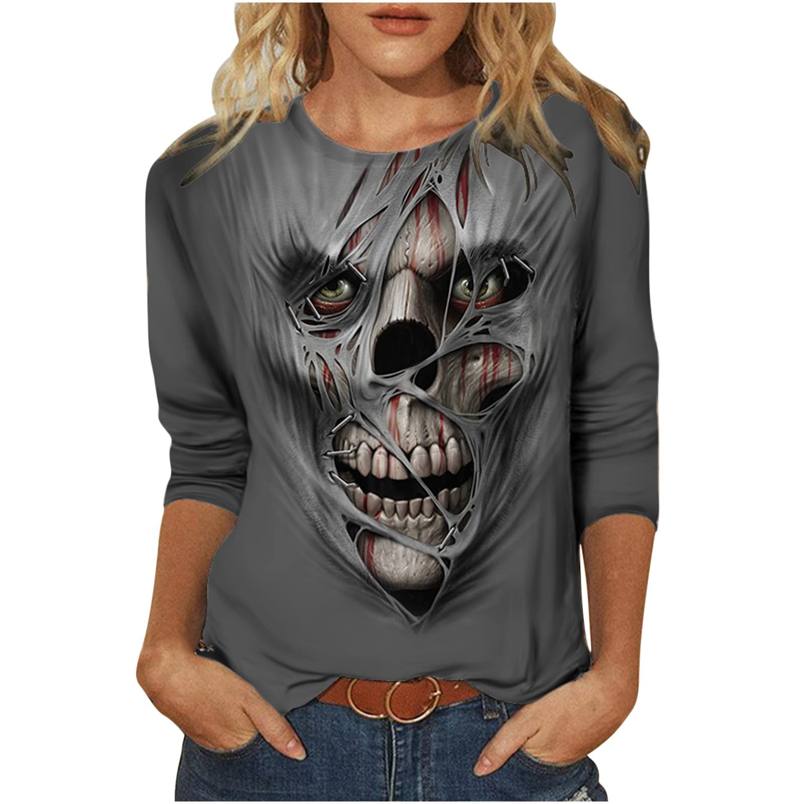 Wirziis Women's Vintage Skull Long Sleeve T-Shirt - Casual Loose Fit Crewneck Summer Top | Trendy Black Comfy Tee for Streetwear, Music Festivals & Everyday Wear