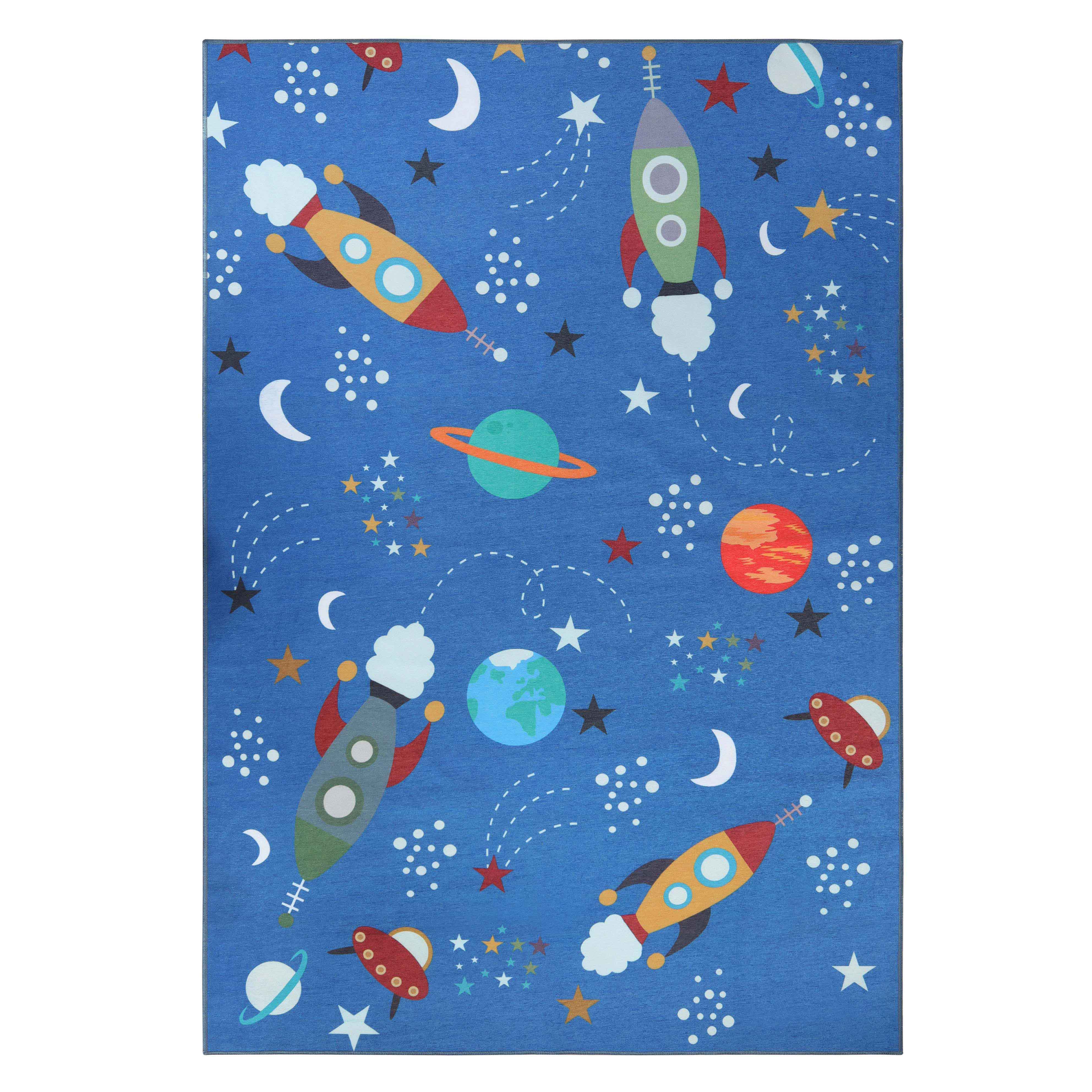 Lil' Flyer Spaceship Non-Slip Kids Playroom Rug - Washable Indoor Floor Mat for Toddler Safety & Play Area Decor