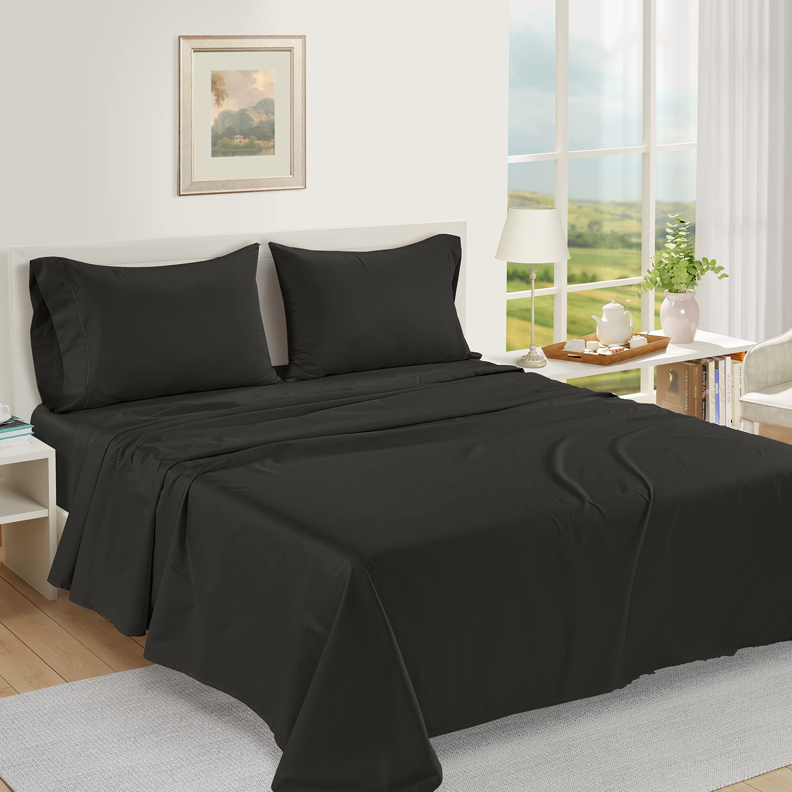 Premium 1000 Thread Count 100% Egyptian Cotton King Size Sheets - Deep Pocket, Fade & Pill Resistant, Cooling Bedding Set for Luxury Hotels & Master Bedrooms (Black)