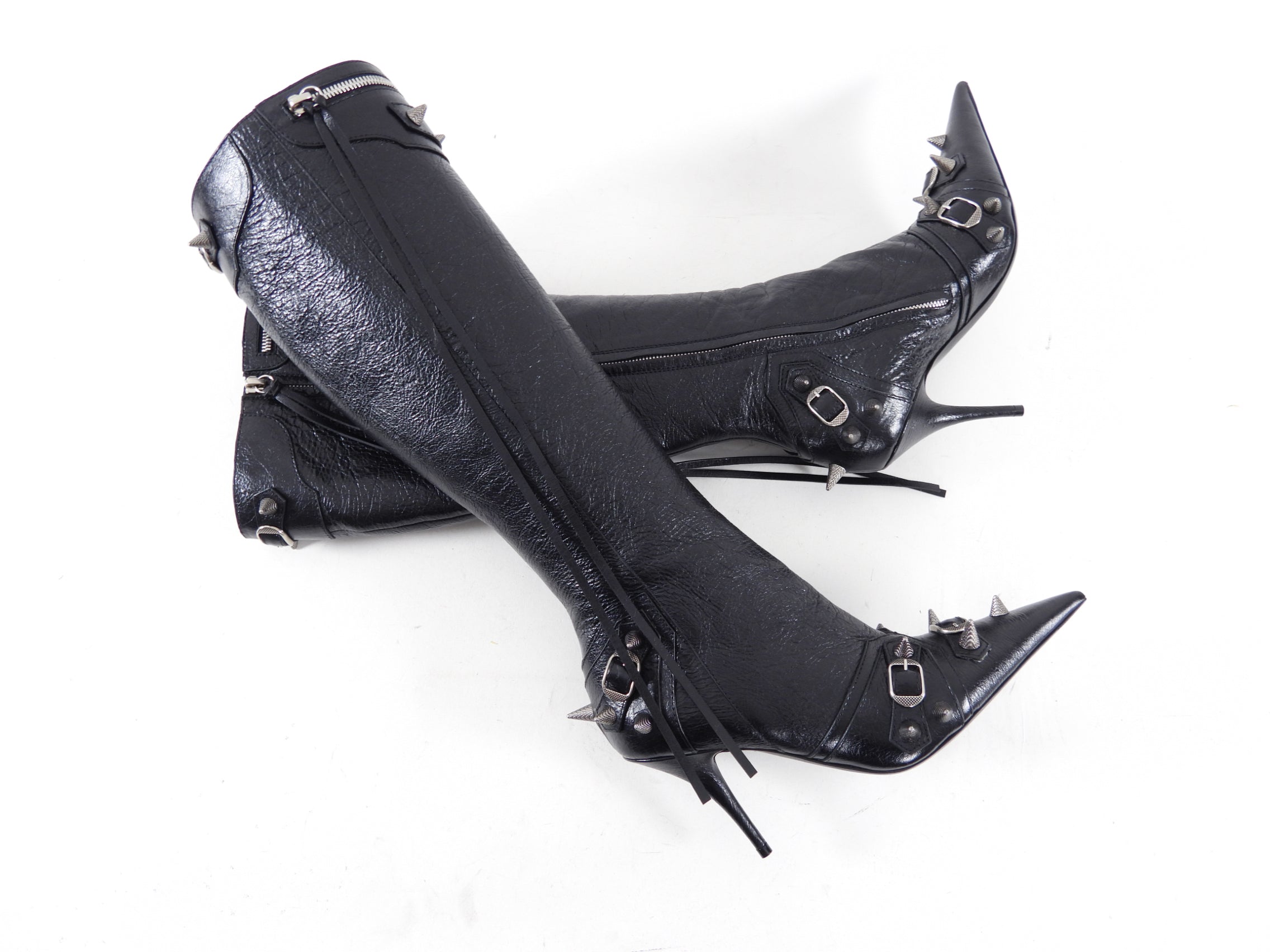 Balenciaga Black Leather Tall Spike Stud Cagole Boots Size 38 - Stylish Punk Rock Ankle Boots for Women, Perfect for Night Out, Concerts and Edgy Street Fashion