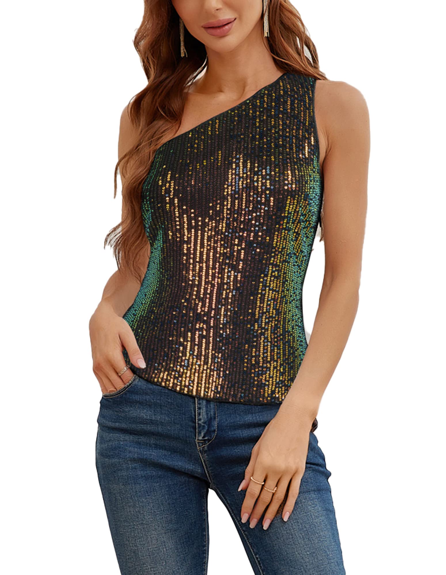 GRACE KARIN Women's Sequin One Shoulder Sleeveless Party Tank Top - Glamorous Clubwear & Evening Outfits for Night Out, Bachelorette Party, and Special Occasions