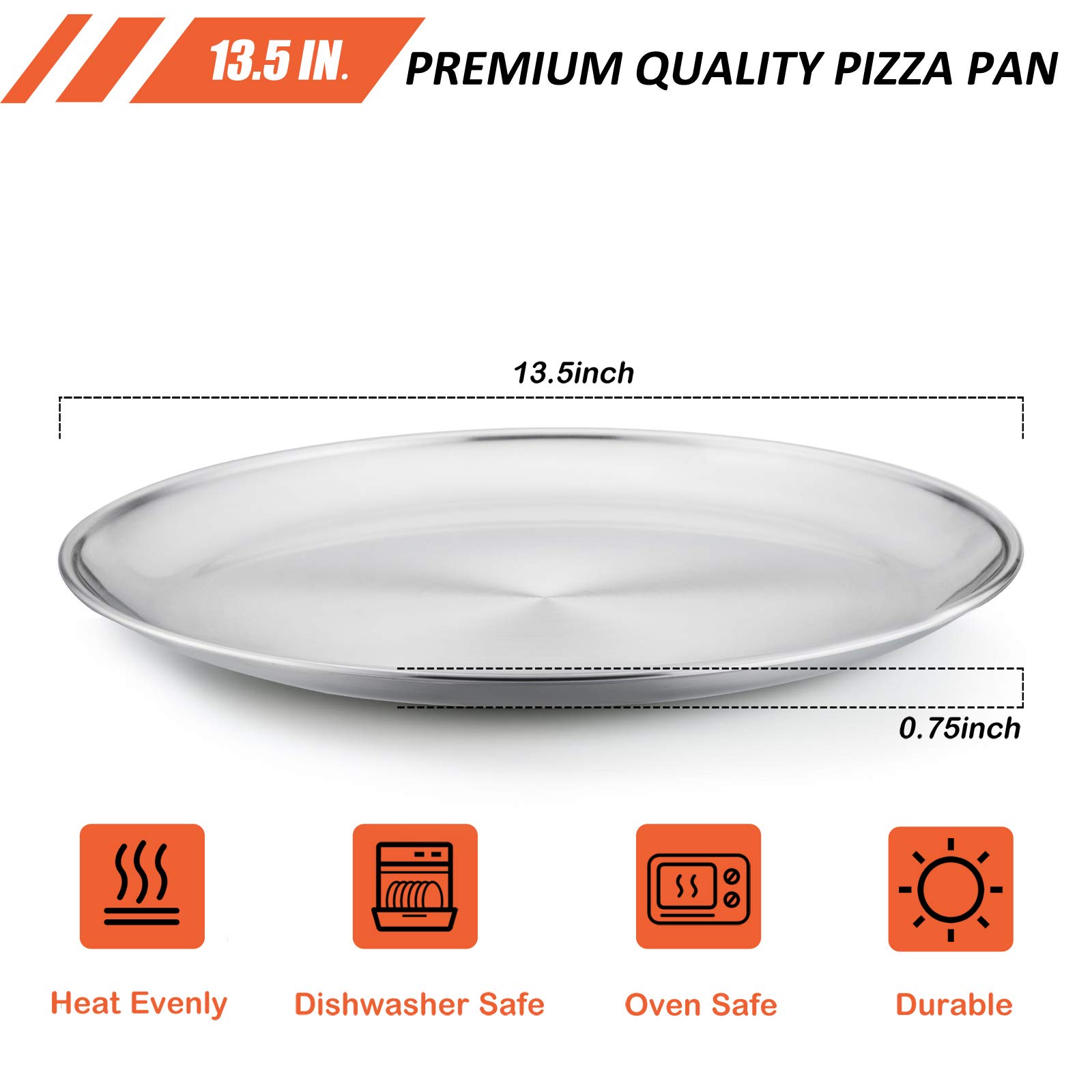 E-far 13.5 Inch Stainless Steel Pizza Pan Set of 4 - Non-Toxic Metal Baking Trays for Oven, Dishwasher Safe - Perfect for Homemade Pizza, Bread, Cookies & Party Serving