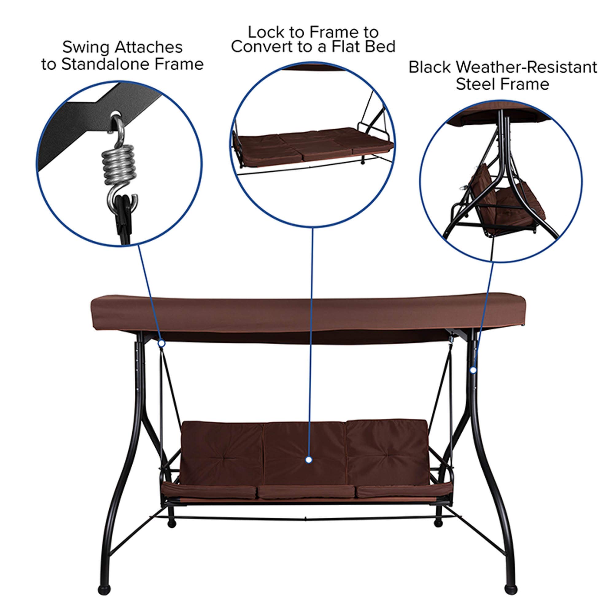 Flash Furniture Tellis 3-Seat Outdoor Steel Patio Swing with Canopy & Cushions - Convertible Hammock Swing Bed in Brown - Perfect for Backyard, Garden, and Poolside Relaxation
