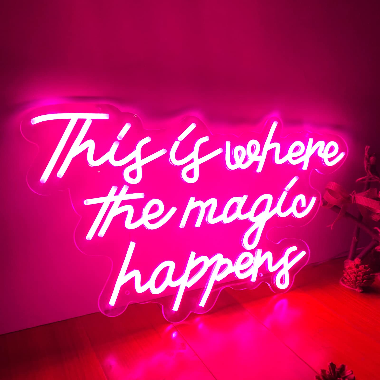 Custom LED Neon Sign - 'This is Where The Magic Happens' Wall Decor (27.5 Inch, Pink) | Personalized Birthday, Wedding & Christmas Gift for Bedroom, Bar, Home & Party Decorations