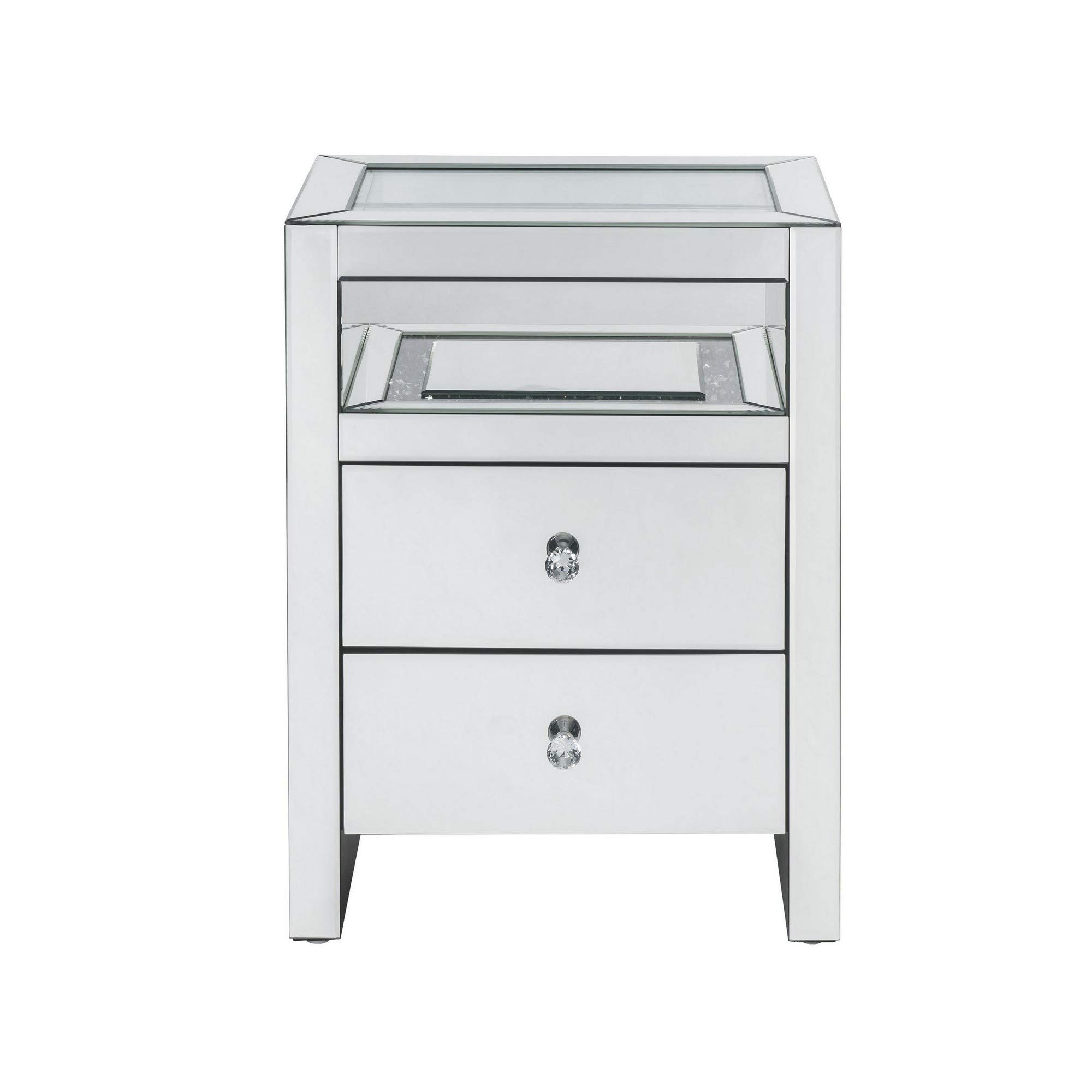 Benjara 2-Drawer Beveled Mirrored Nightstand with Glass Top & LED Lights - Silver Finish | Modern Bedside Table for Bedroom Decor & Storage