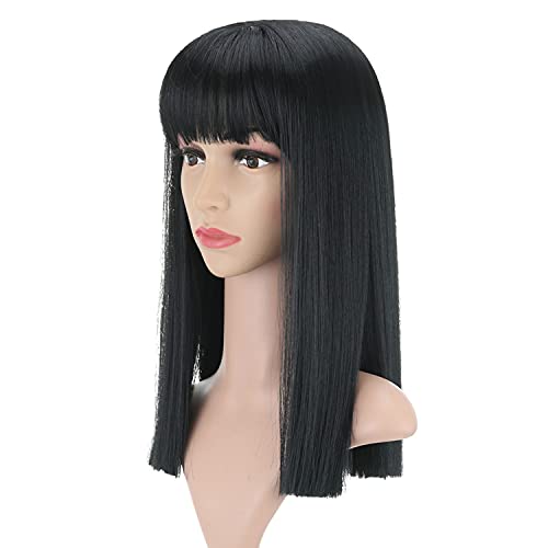 VicVicMFL 16 Inch Medium Length Straight Bob Synthetic Wig for Women with Air Bangs - Black | Cosplay, Costume, Daily Wear & Party Wigs | Perfect for Halloween, Cosplay Events, Themed Parties & Everyday Fashion