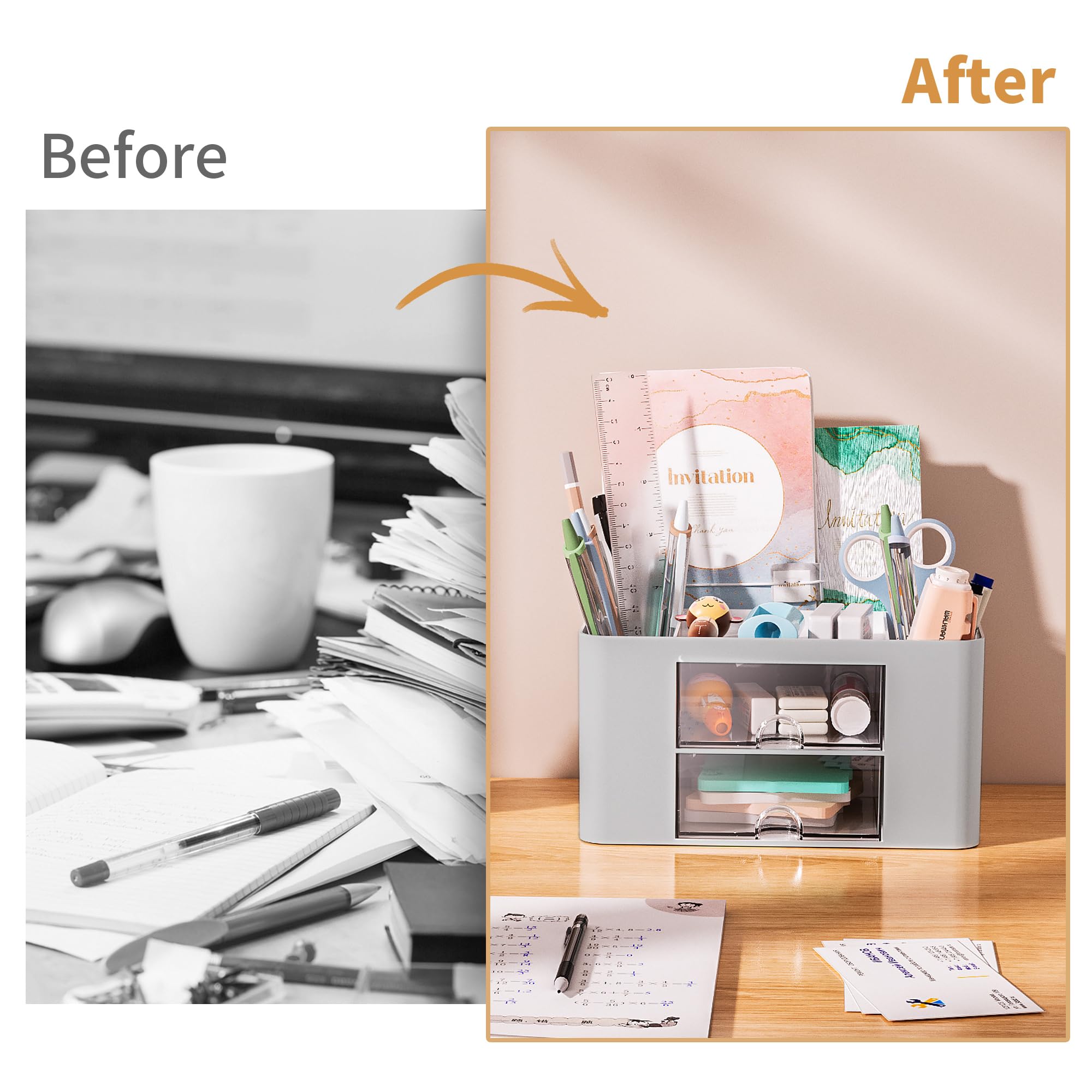 Premium Marbrasse Pen Organizer with 2 Drawers - Multi-Functional Desk Pencil Holder & Office Supplies Organizer - 5 Compartments + Storage Drawers for Pens, Markers, Art Tools - Perfect for Home Office, School & Craft Room (Grey)