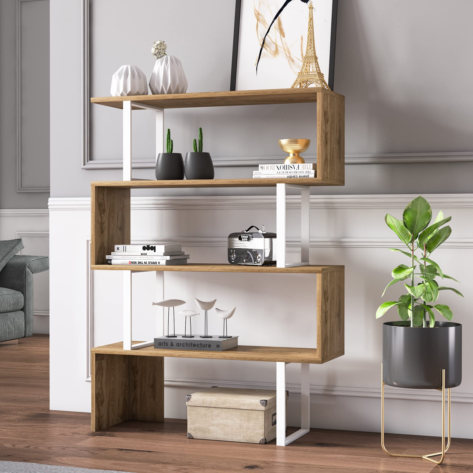 Decorotika Adriana 4-Shelf Geometric Modern Industrial Bookcase - White & Oak Wood Bookshelf for Living Room, Office & Bedroom Storage