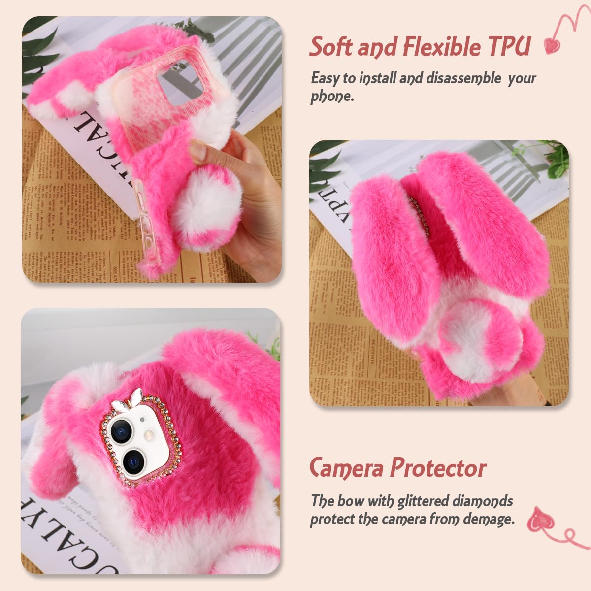 Mikikit Cute Plush Rabbit Fur Phone Case for iPhone 11 - Soft Pink Fluffy Protective Cover with Comfortable Grip | Perfect Gift for Girls, Women & Teens | Ideal for Daily Use, Travel & Photo Shoots